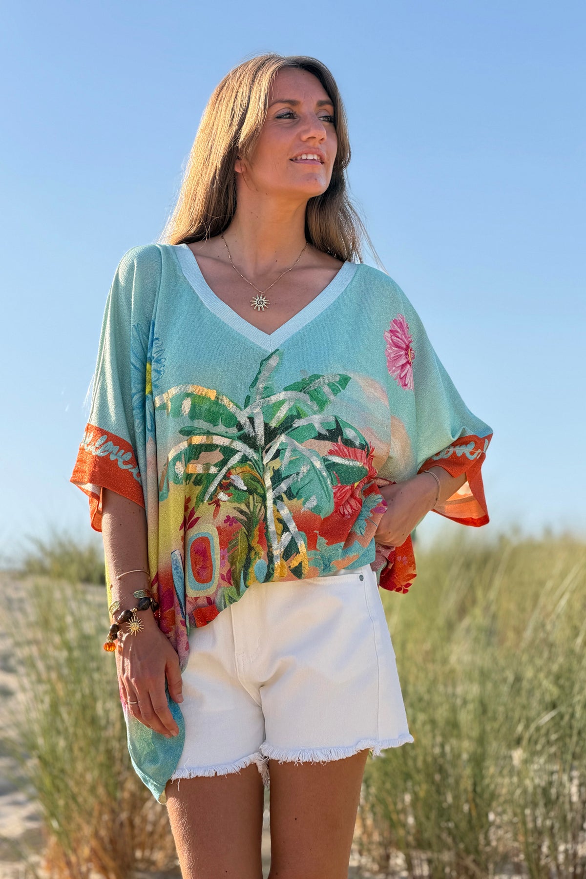 Blue “Do it More” Tropical Glitter Knit Tunic