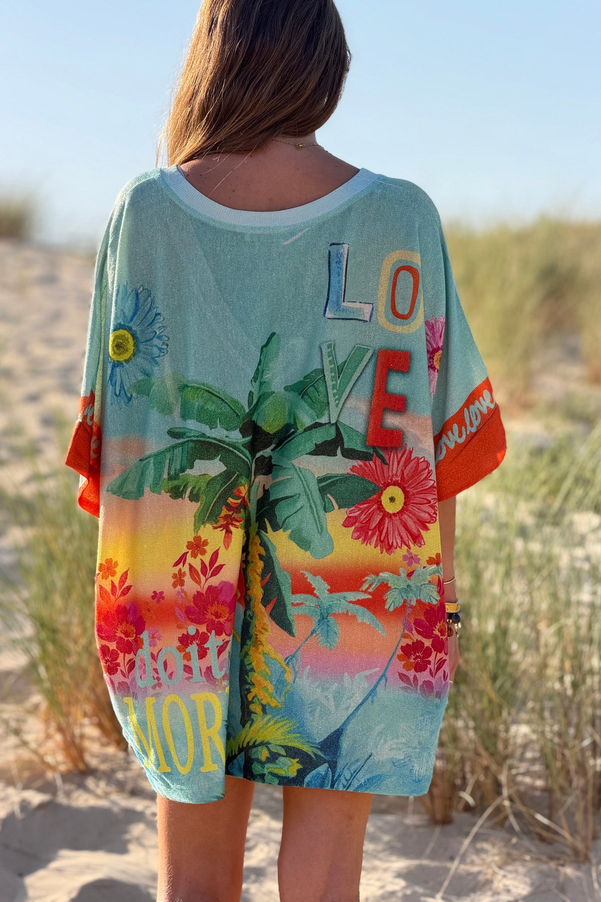 Blue “Do it More” Tropical Glitter Knit Tunic
