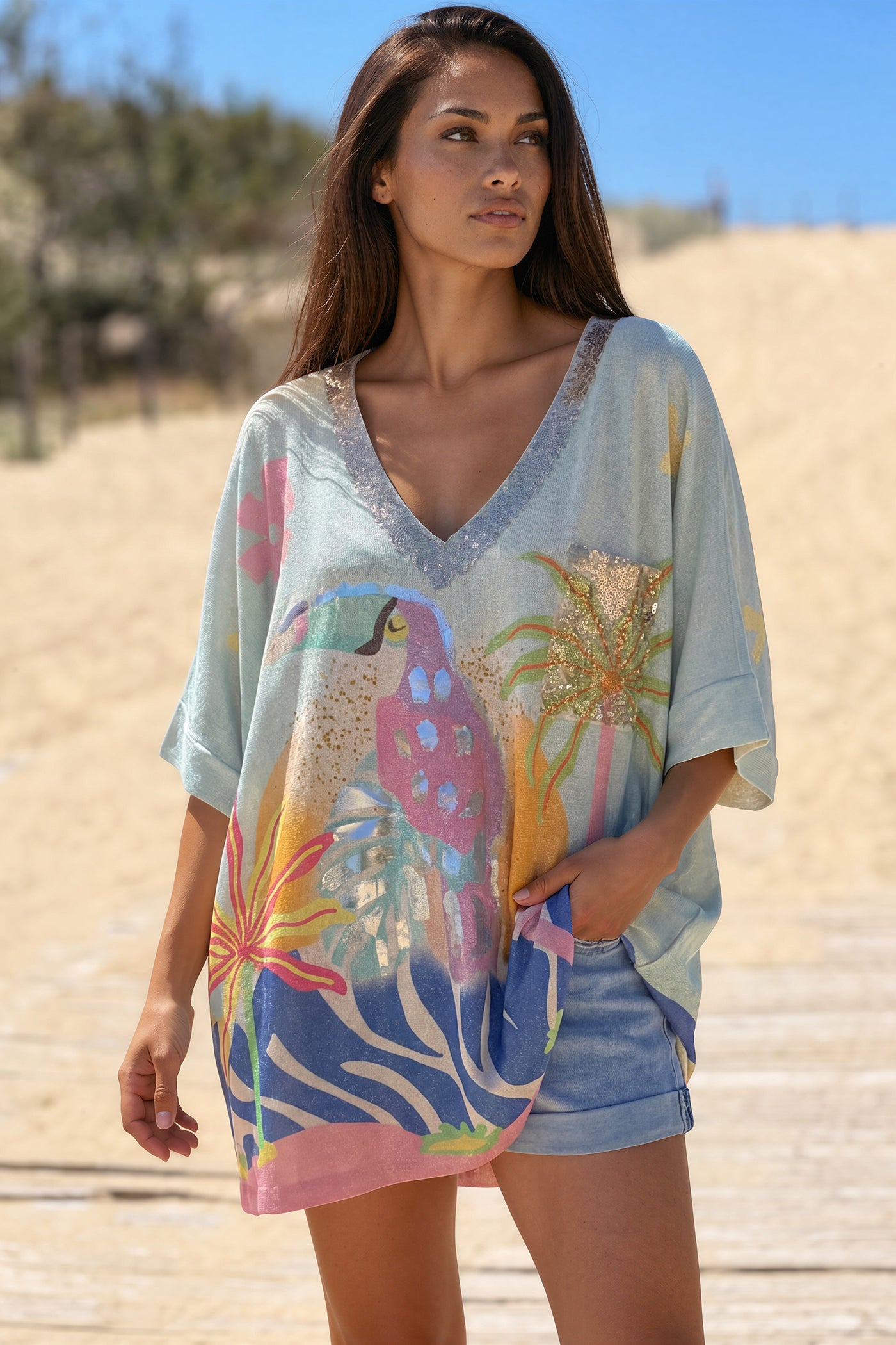 Blue Peaceful Toucan Glitter Knit Tunic