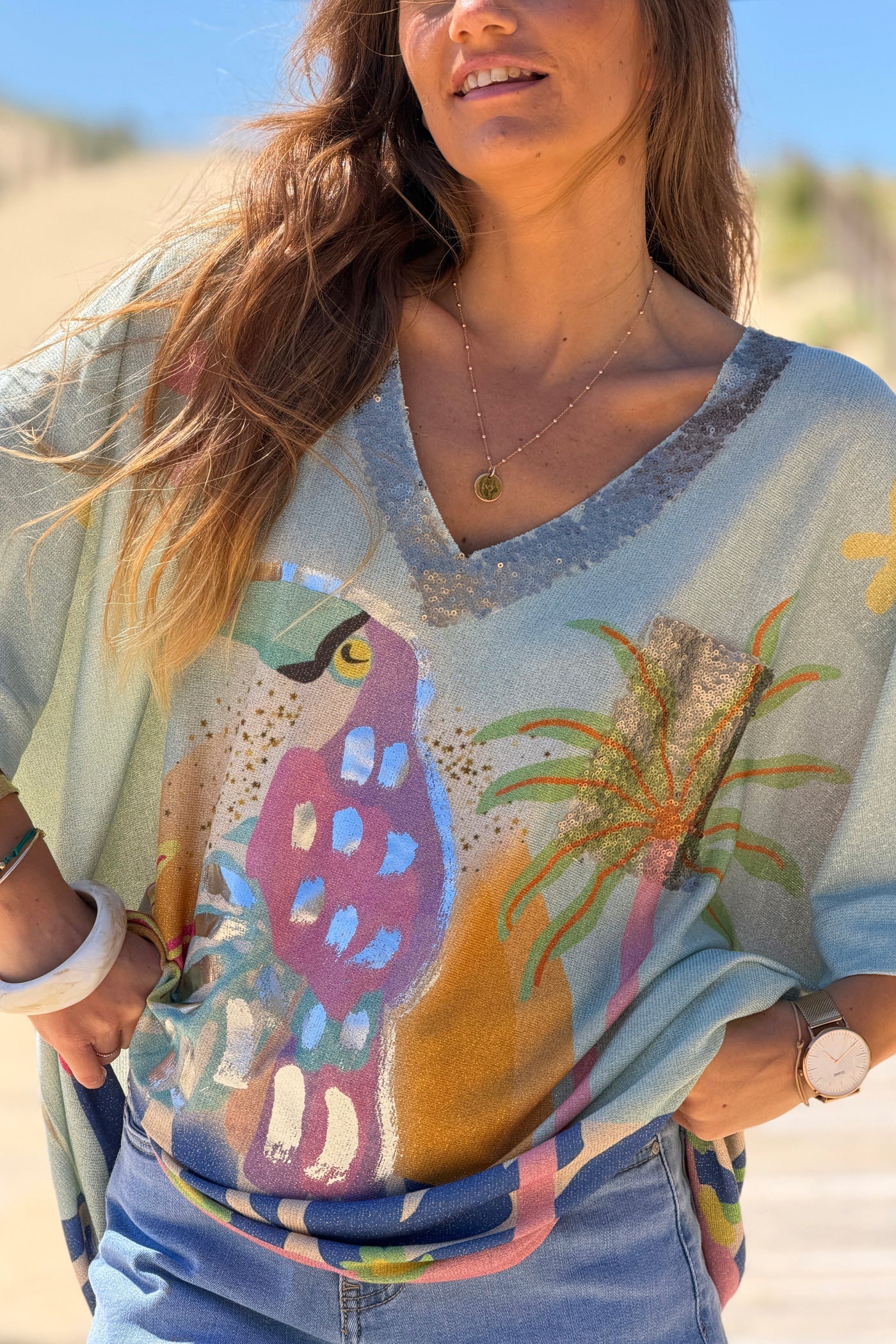 Blue Peaceful Toucan Glitter Knit Tunic