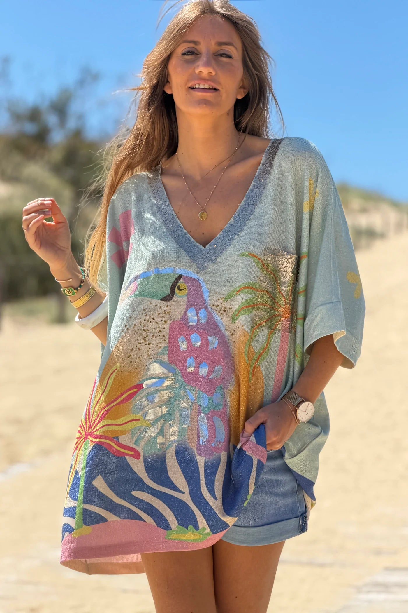 Blue Peaceful Toucan Glitter Knit Tunic