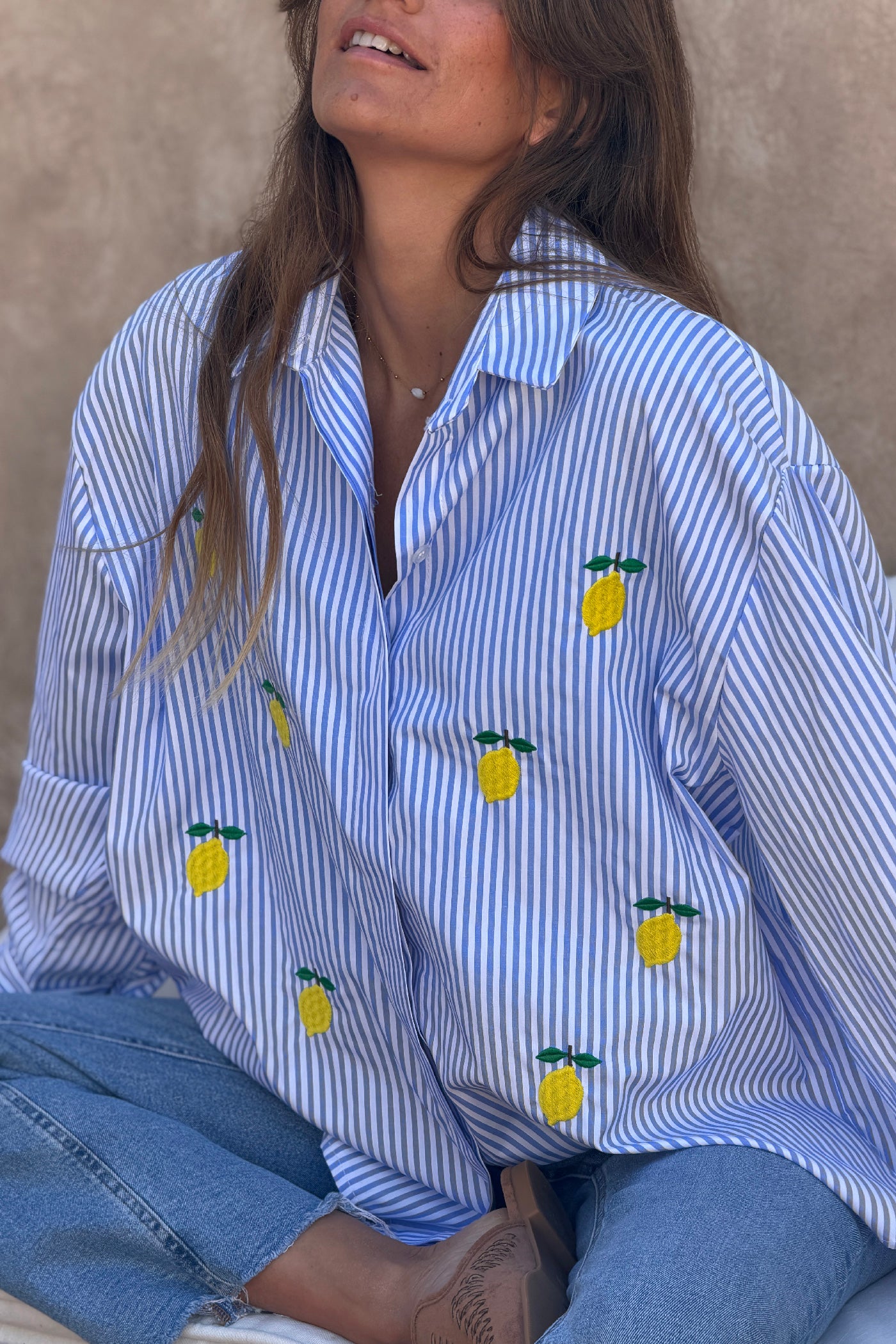 Blue Pinstripe Lemon Love Button-Down Blouse