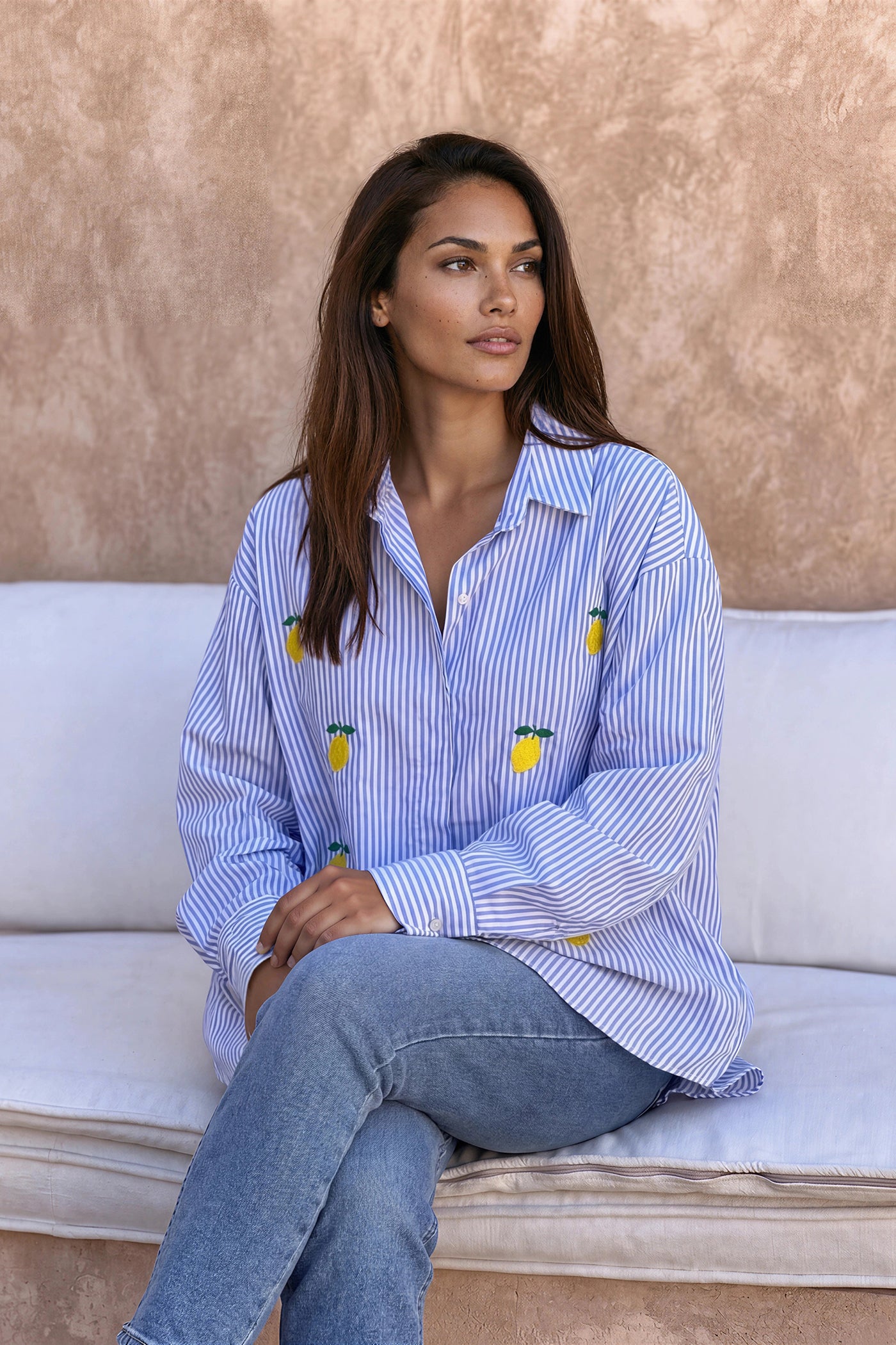 Blue Pinstripe Lemon Love Button-Down Blouse