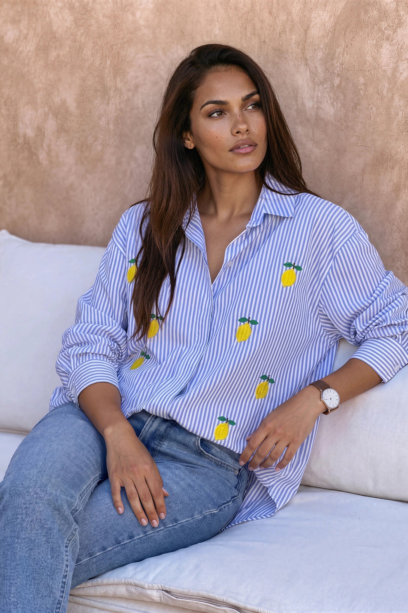 Blue Pinstripe Lemon Love Button-Down Blouse