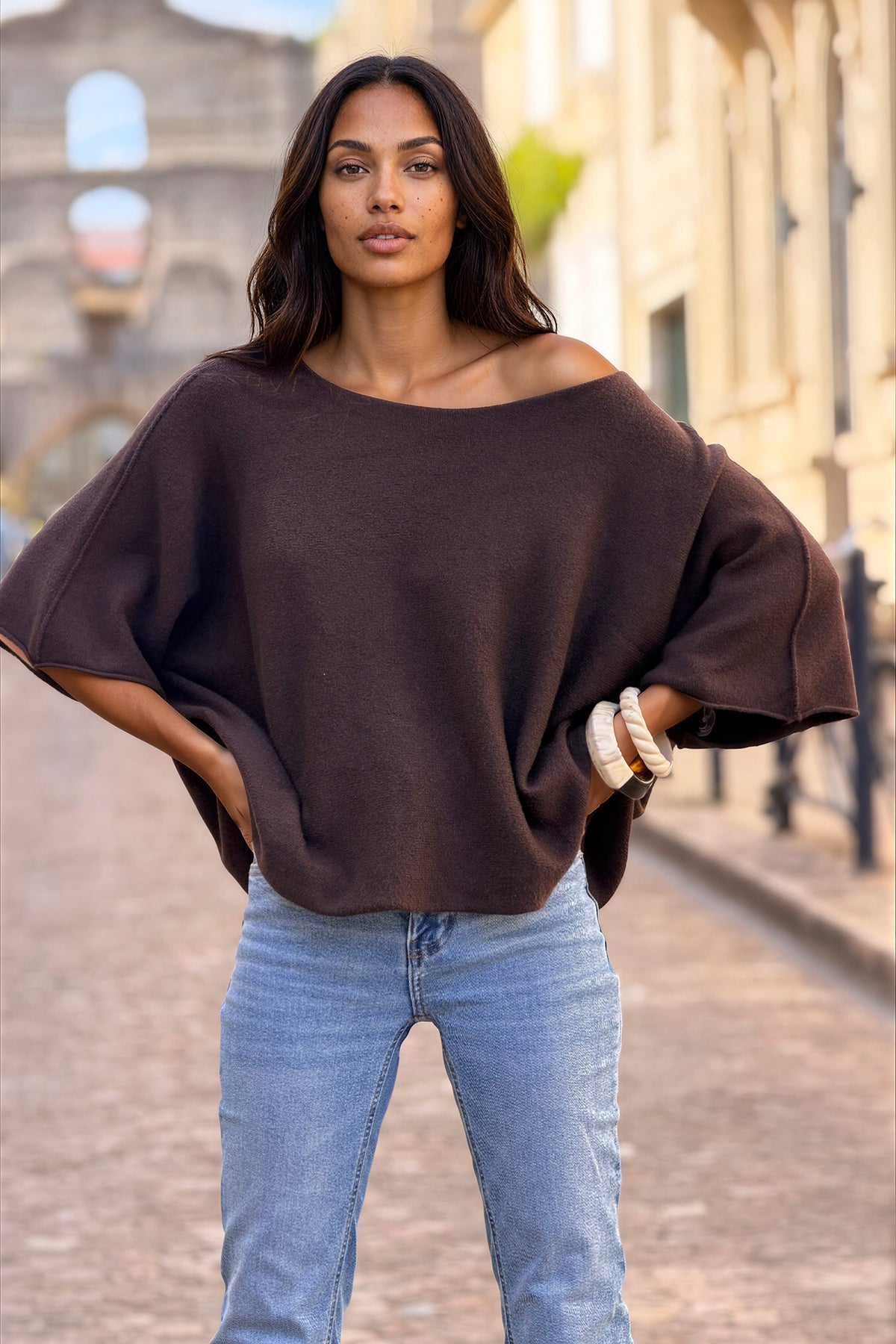 Brown Knit Batwing Blouse