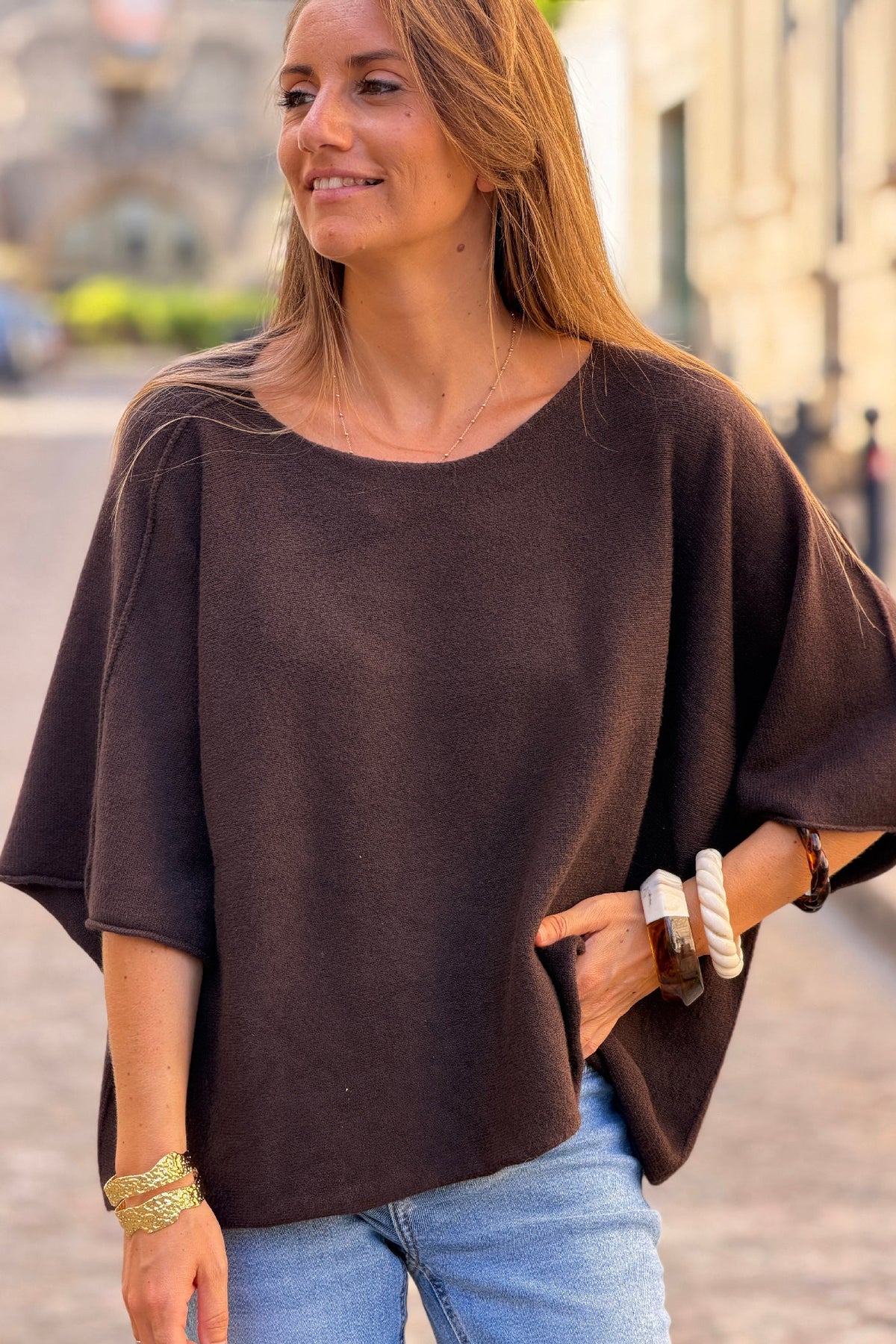 Brown Knit Batwing Blouse