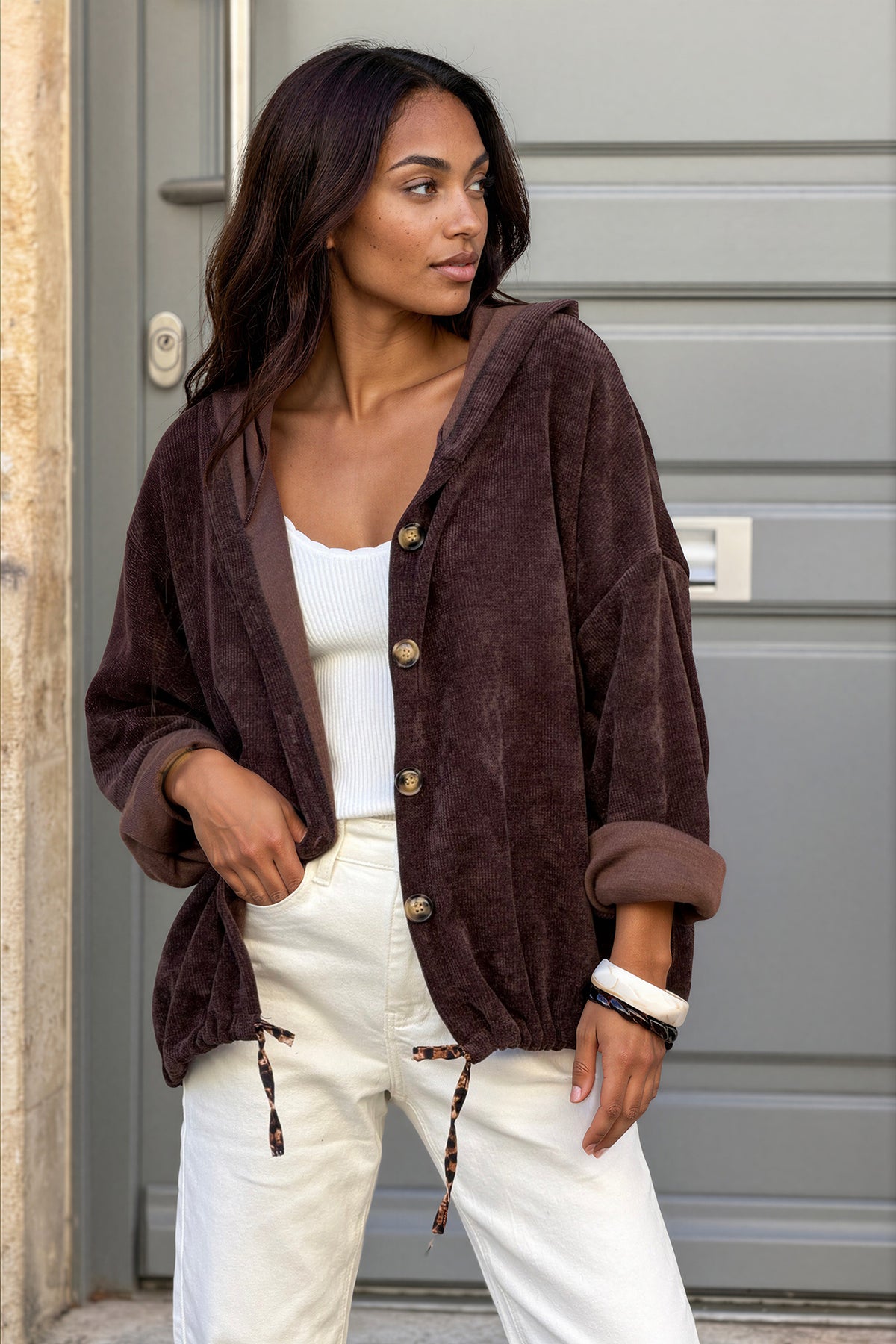 Brown Plush Knit Button-Down Hoodie