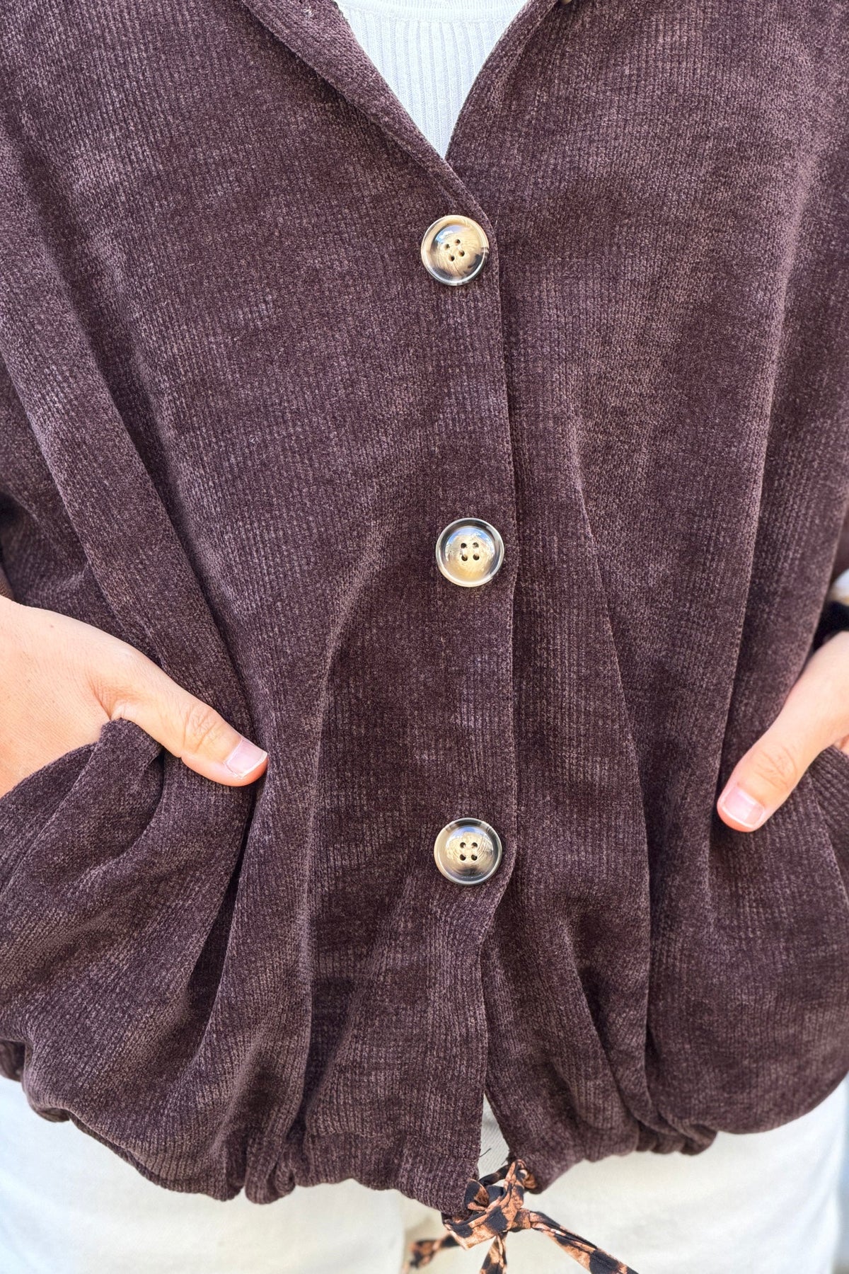 Brown Plush Knit Button-Down Hoodie