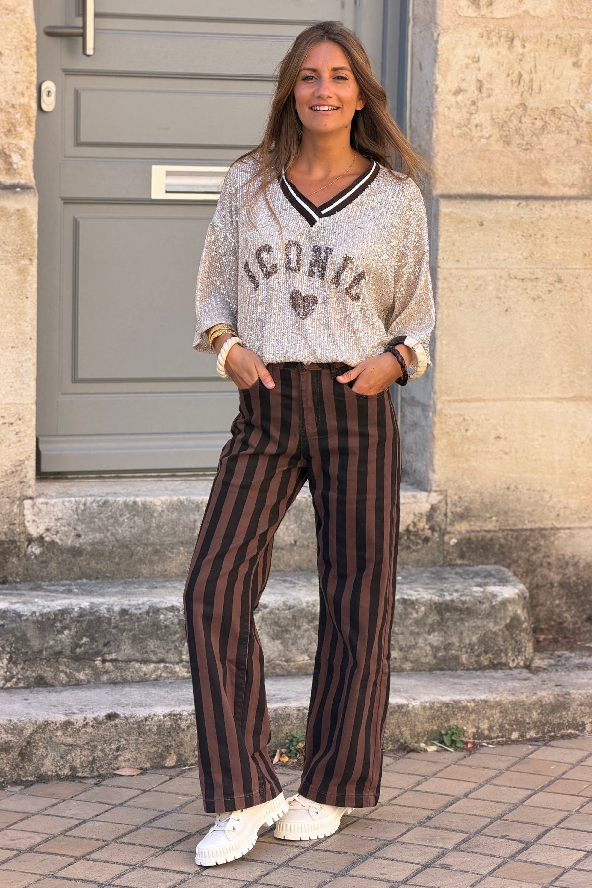 Brown Striped Stovepipe Jeans