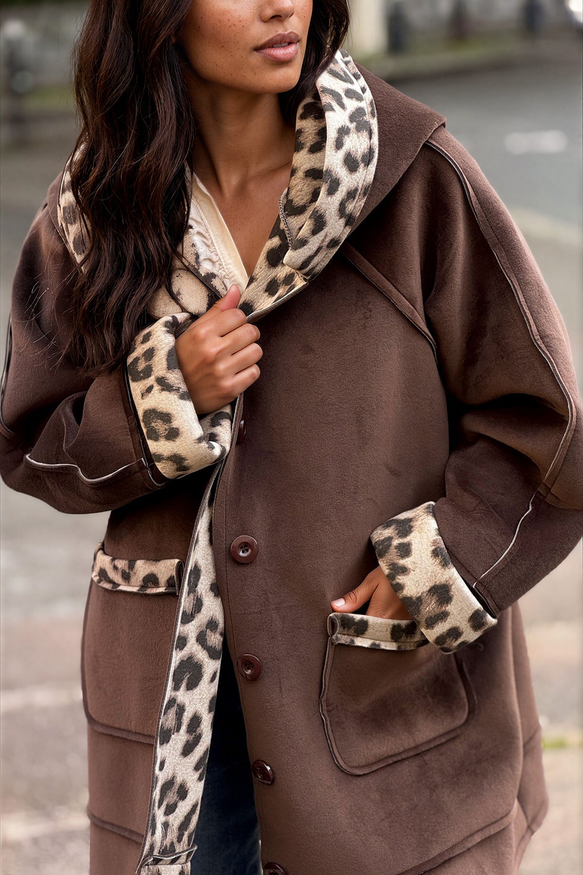 Brown Velvet Hooded Jacket with Leopard Trim