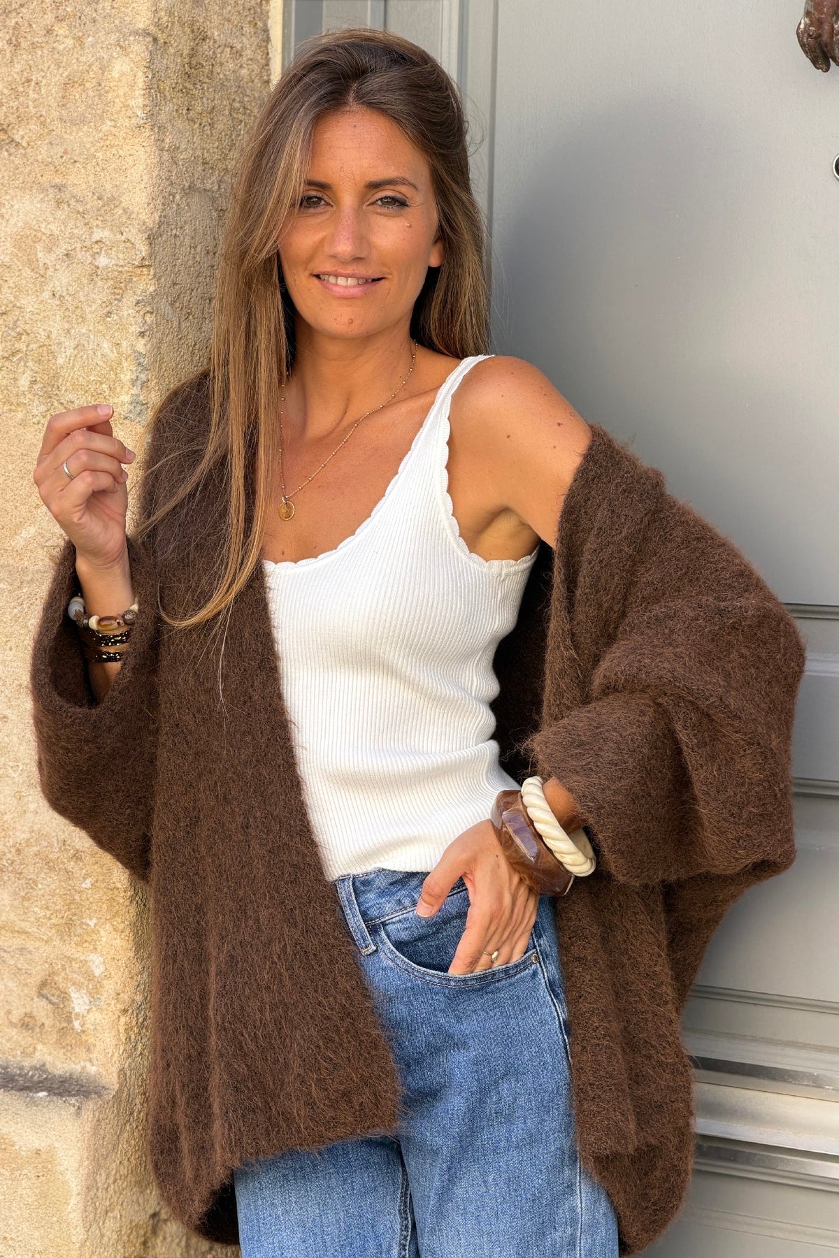 Brown Wool Blend Bell Sleeve Knit Cardigan
