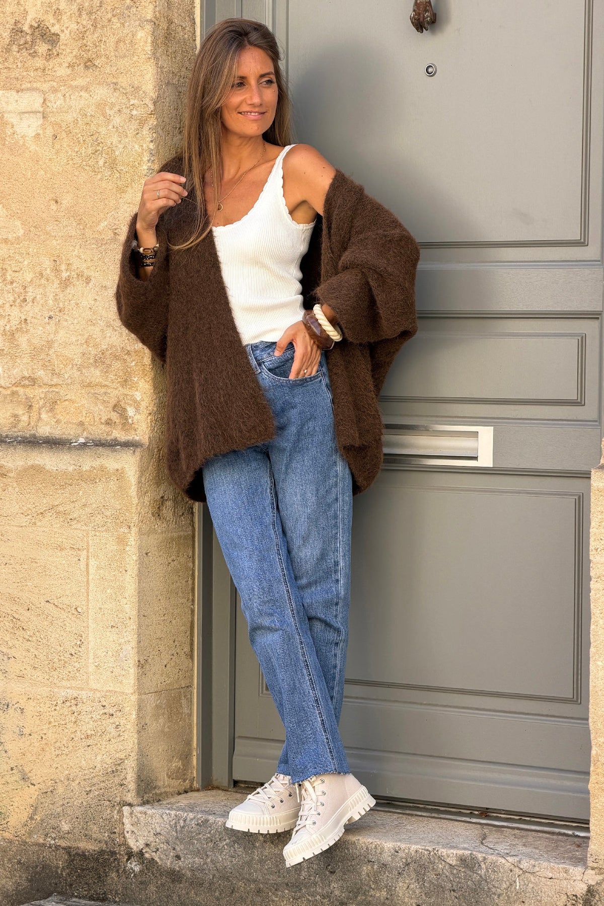 Brown Wool Blend Bell Sleeve Knit Cardigan