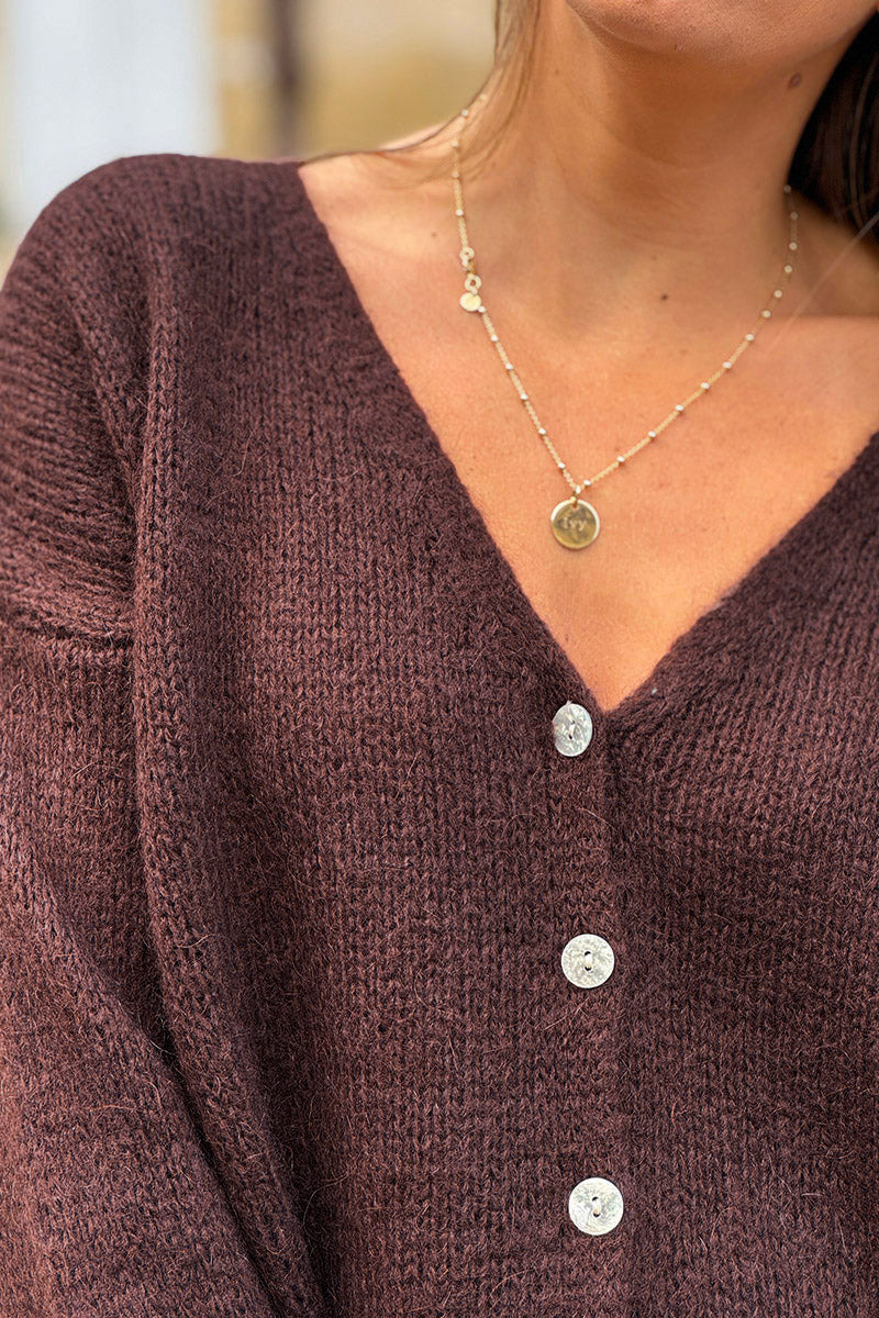 Brown chocolate Mother of Pearl Button through V-Neck Cardigan