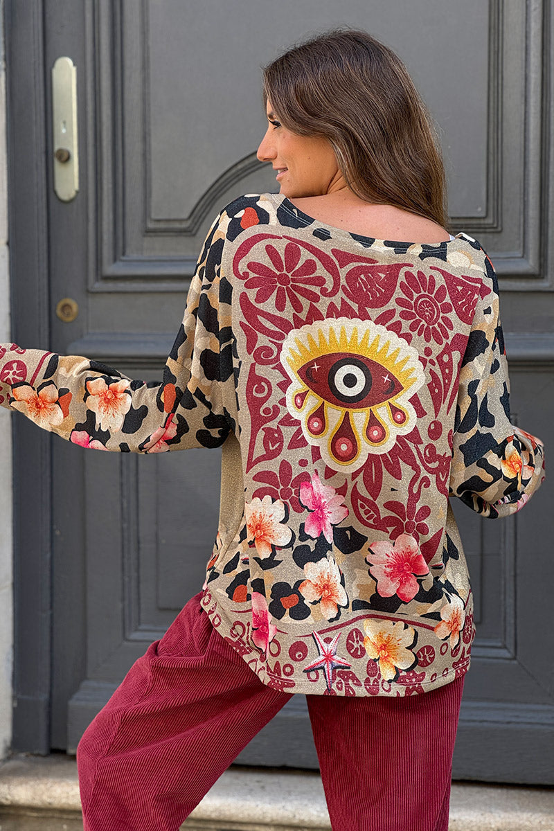 Camel Jungle Palms Long-Sleeve Glitter Knit Top