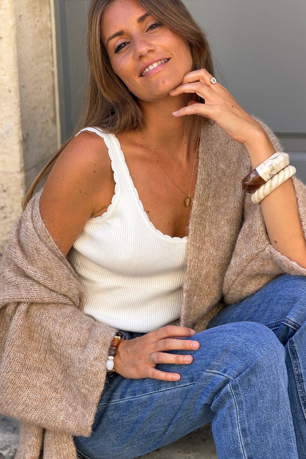 Camel Wool Blend Bell Sleeve Knit Cardigan