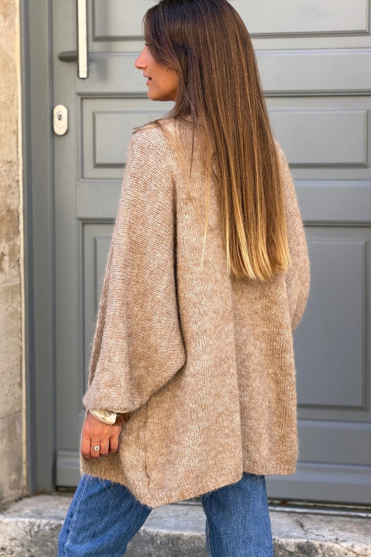 Camel Wool Blend Bell Sleeve Knit Cardigan