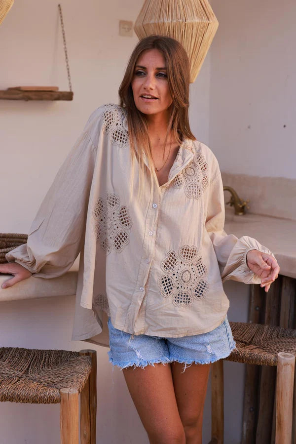 Beige Cotton Crochet Floral Inset Blouse
