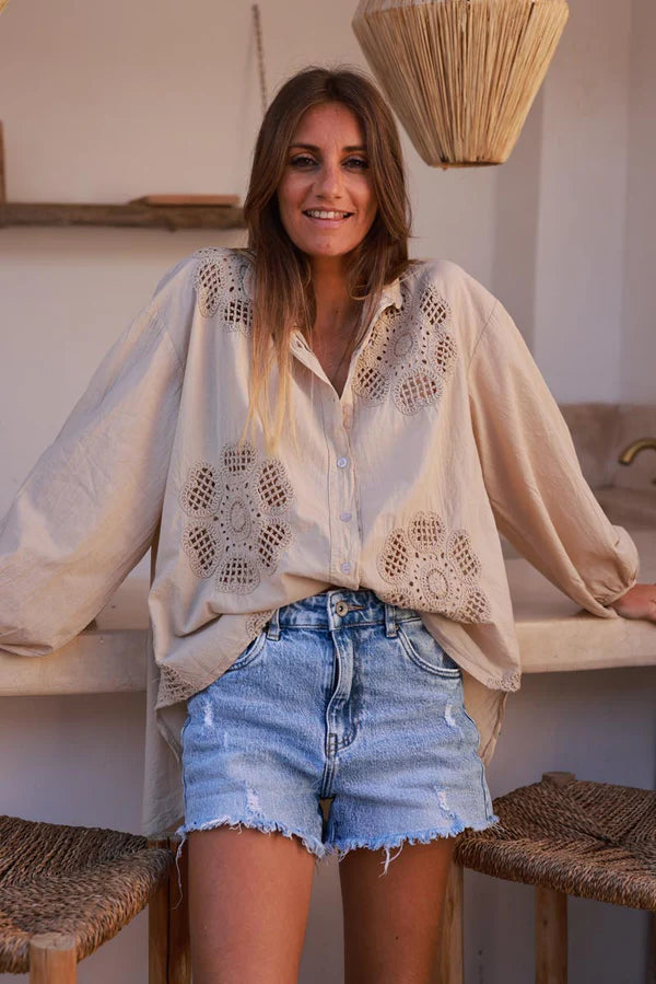 Beige Cotton Crochet Floral Inset Blouse