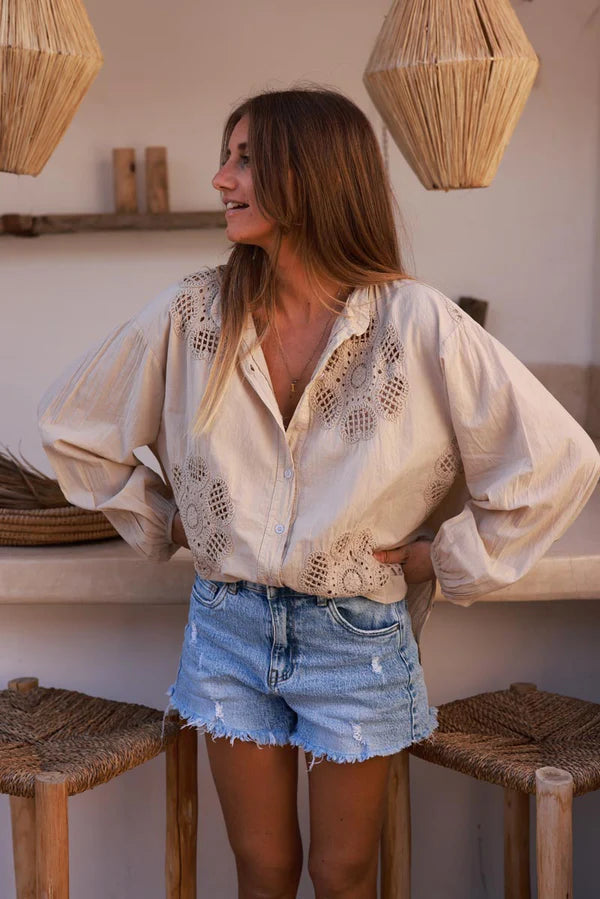 Beige Cotton Crochet Floral Inset Blouse