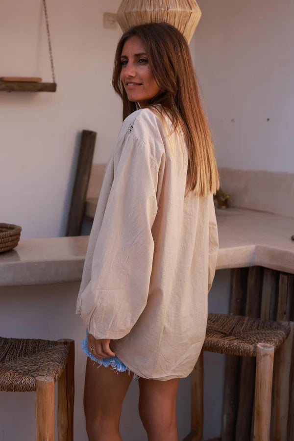 Beige Cotton Crochet Floral Inset Blouse