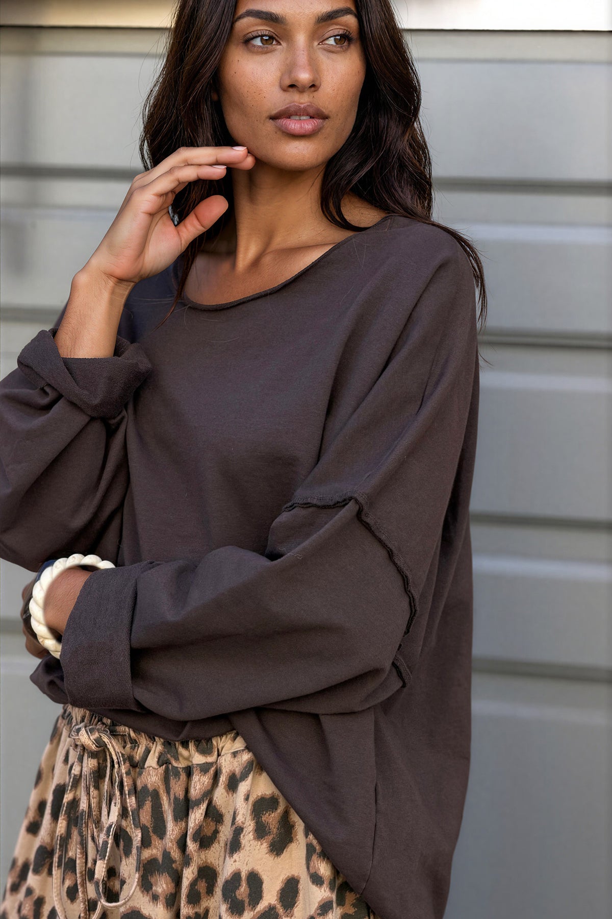 Chocolate Stretch Knit Long-Sleeve Slouchy Tee