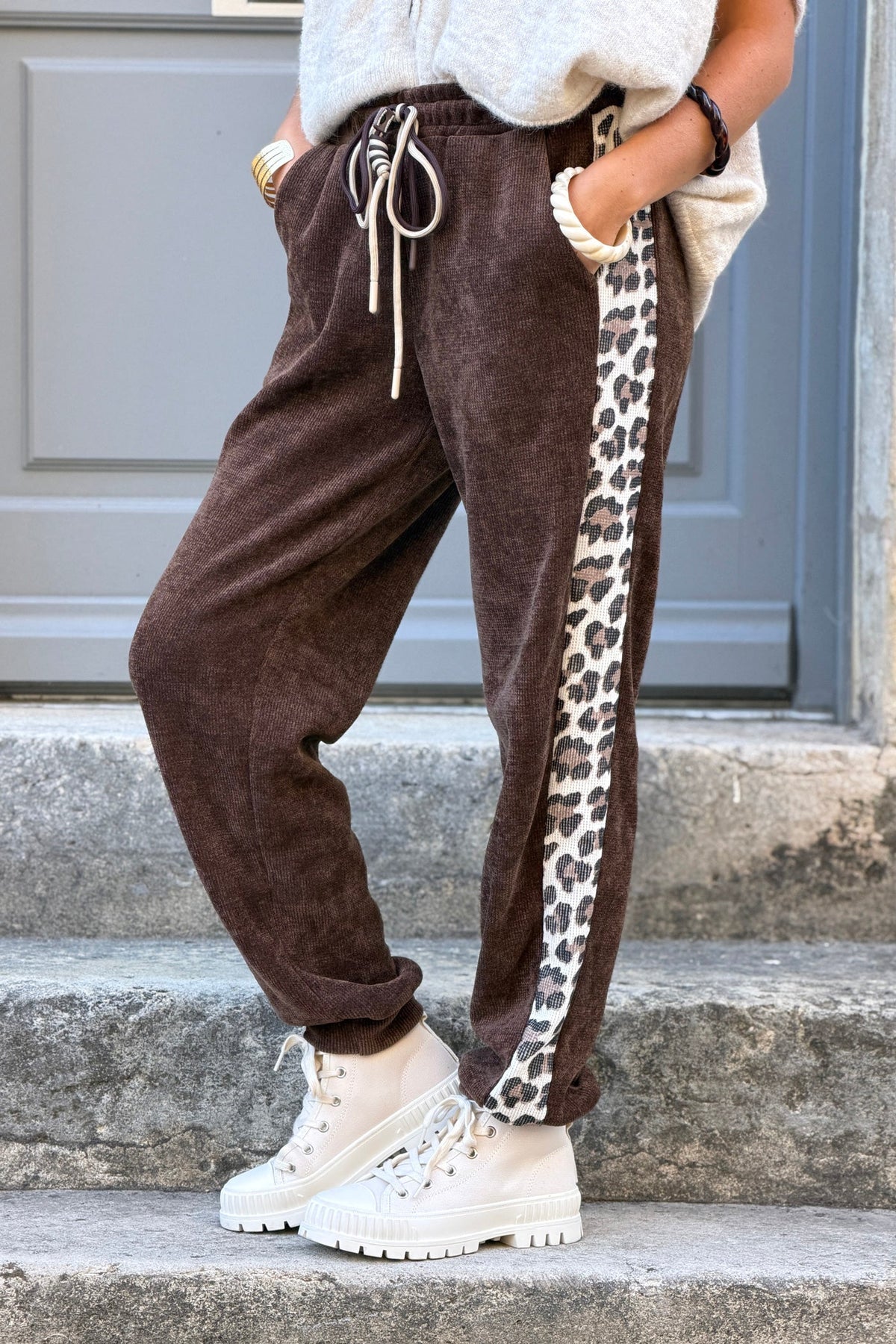 Chocolate Velour Lounge Pants with Leopard Racing Stripe