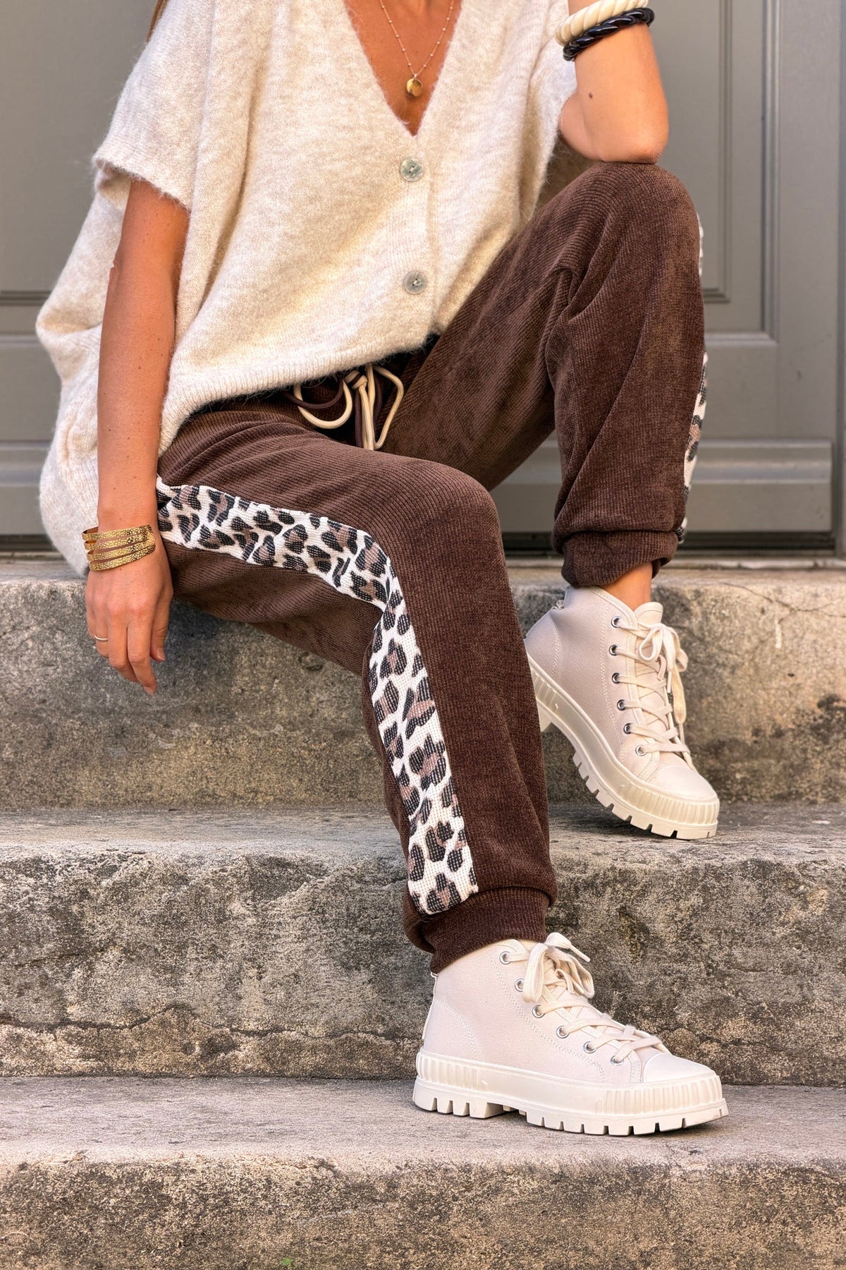 Chocolate Velour Lounge Pants with Leopard Racing Stripe