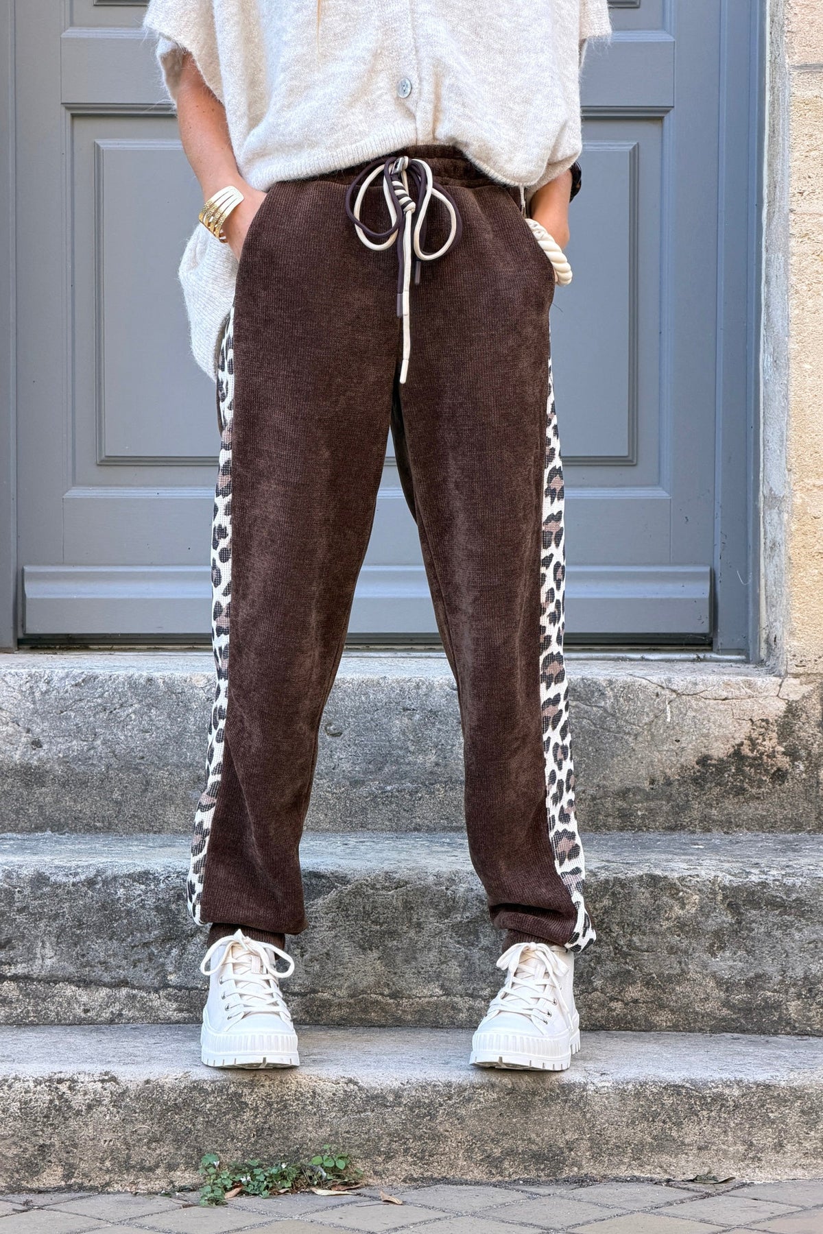 Chocolate Velour Lounge Pants with Leopard Racing Stripe
