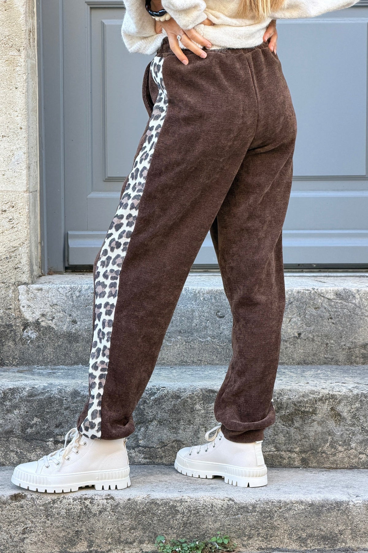 Chocolate Velour Lounge Pants with Leopard Racing Stripe