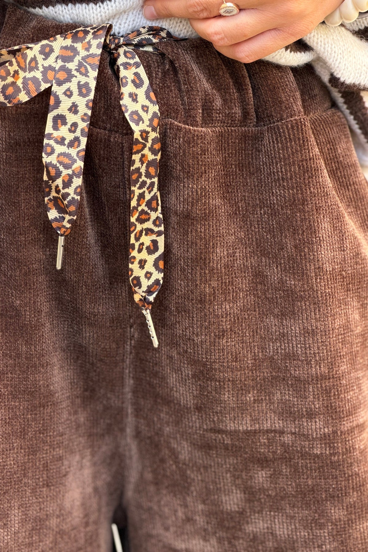 Chocolate Velour Wide-Leg Lounge Pants with Leopard Print Tie