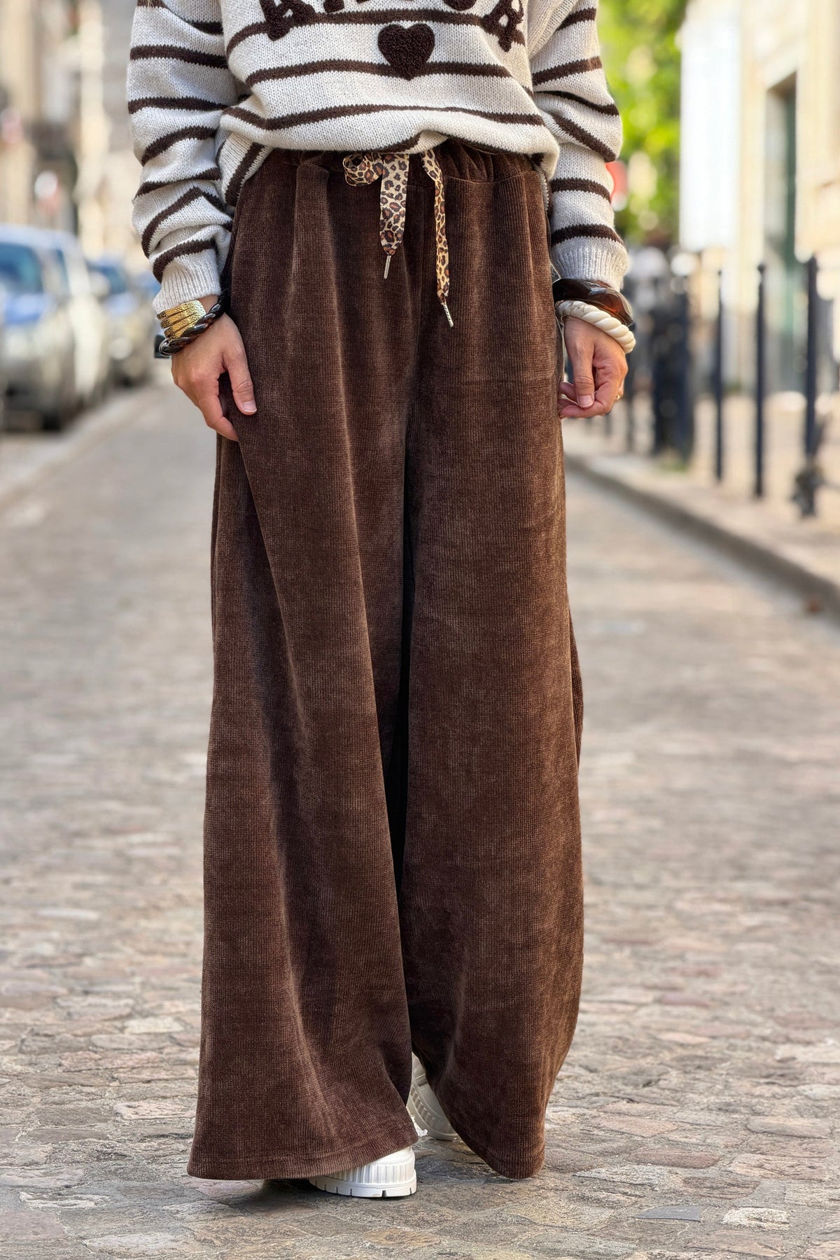 Chocolate Velour Wide-Leg Lounge Pants with Leopard Print Tie