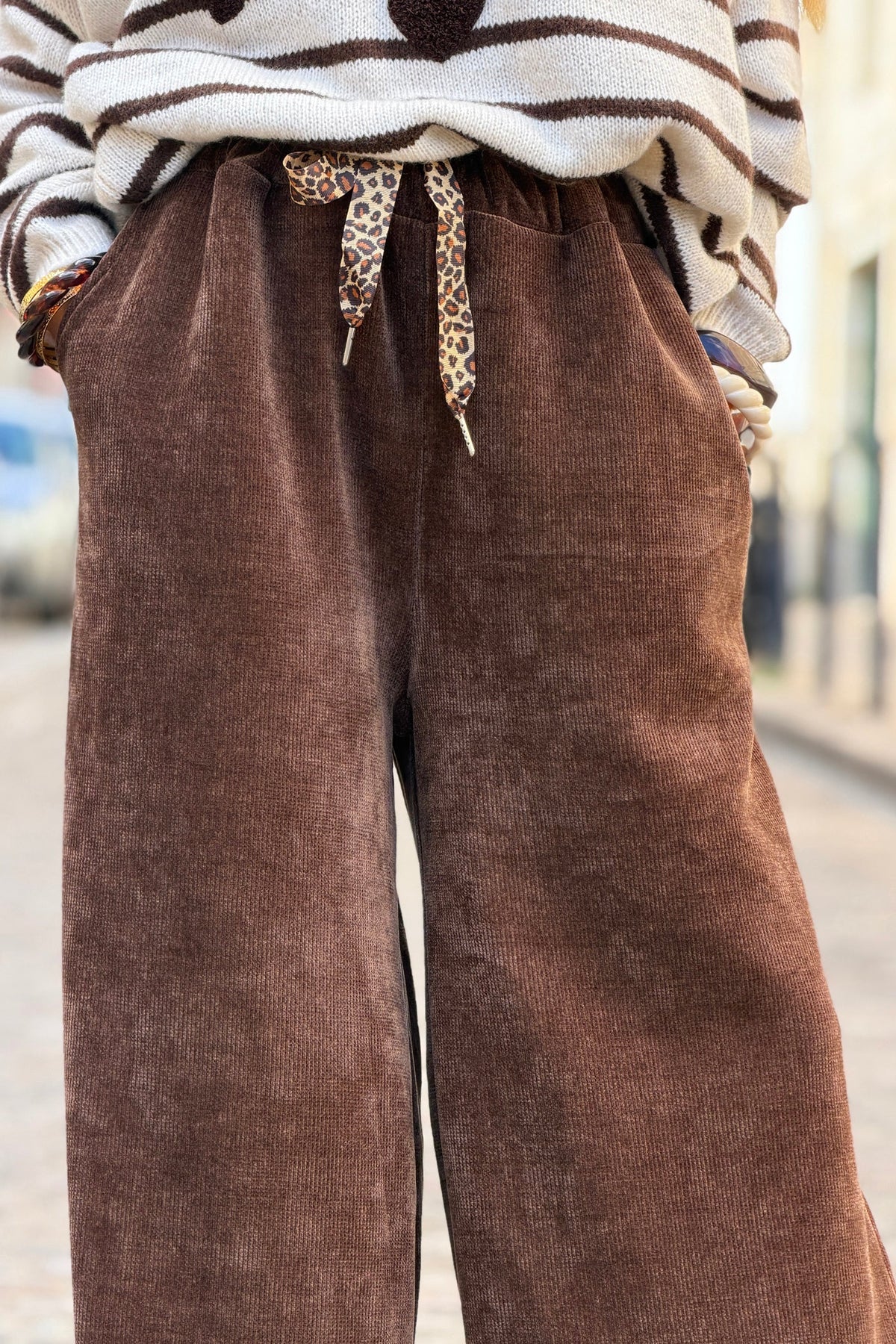 Chocolate Velour Wide-Leg Lounge Pants with Leopard Print Tie
