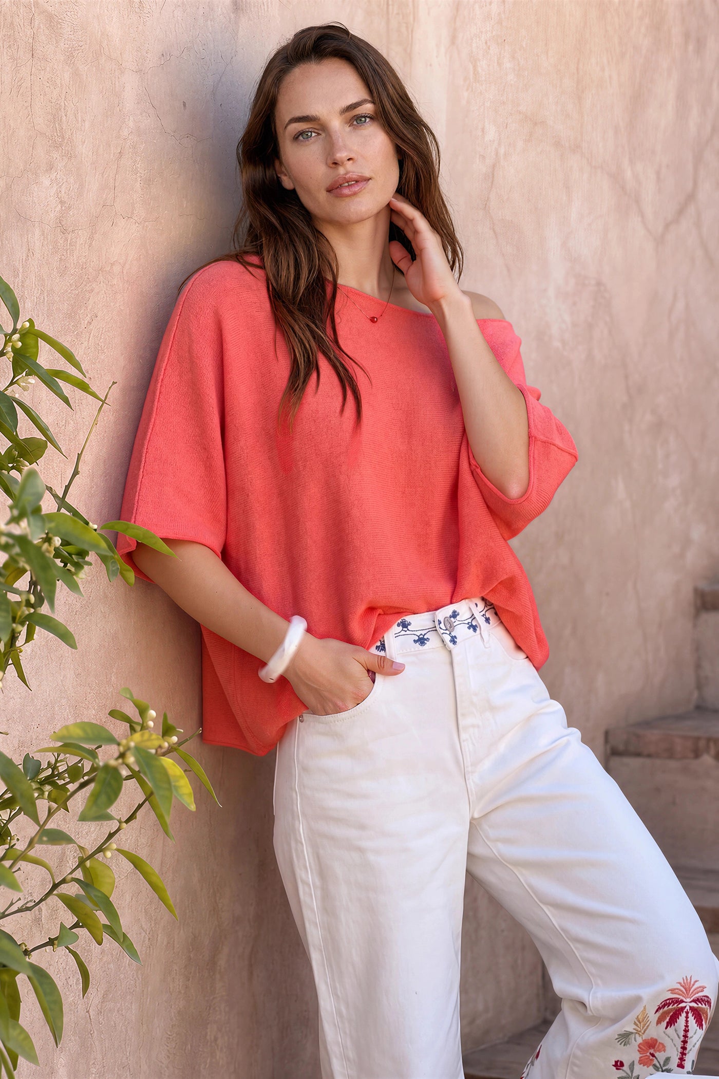 Coral Knit Batwing Blouse