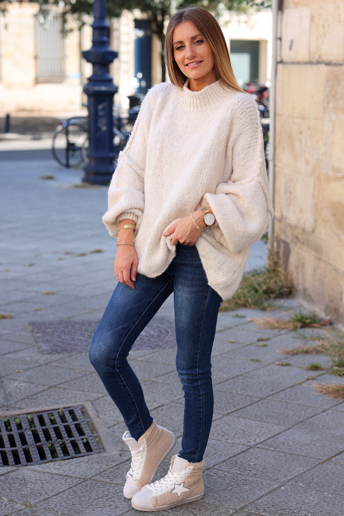 Cream Chunky Knit Sweater Oversized and Funnel Neck