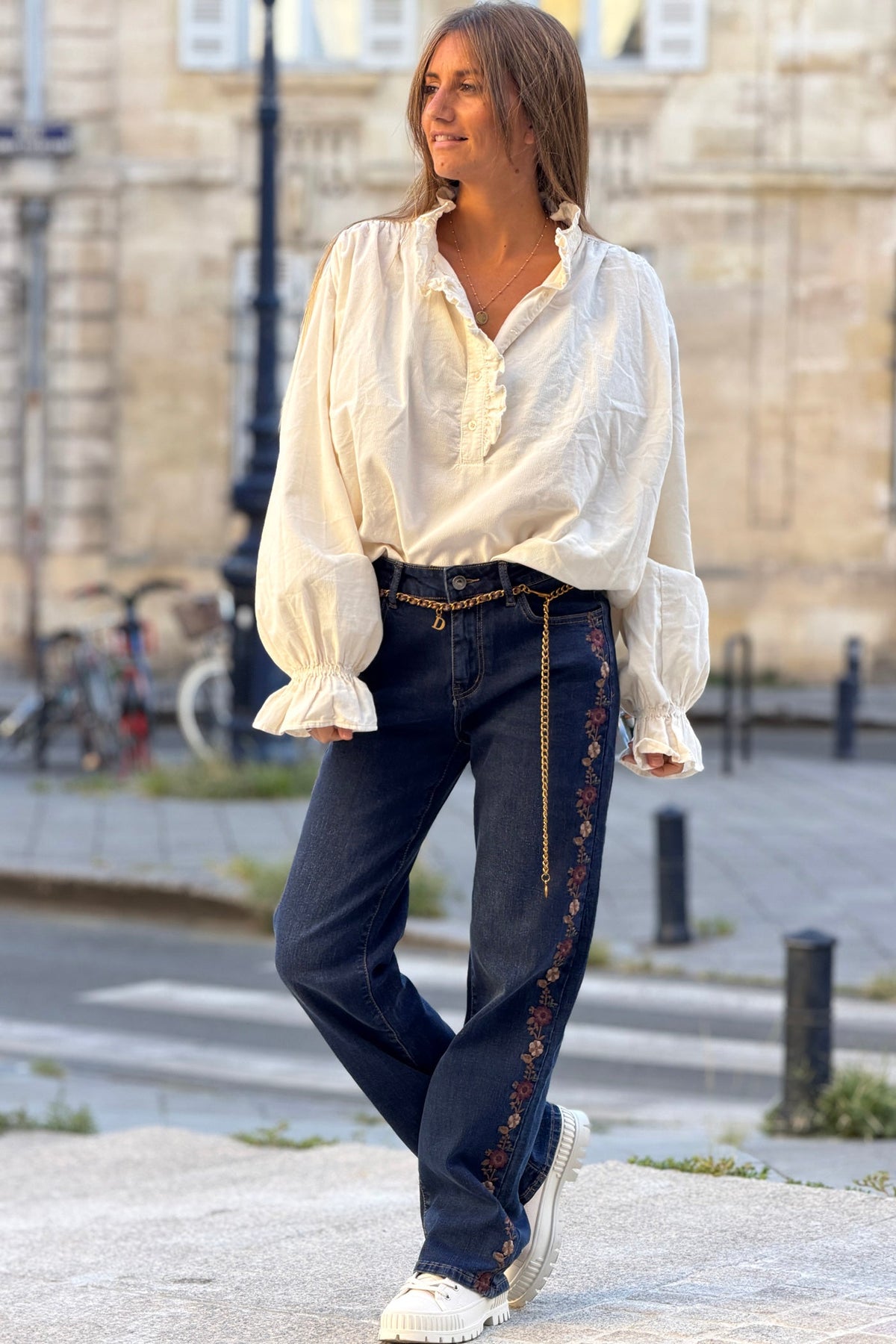 Cream Corduroy Ruffle Neck Peasant Blouse