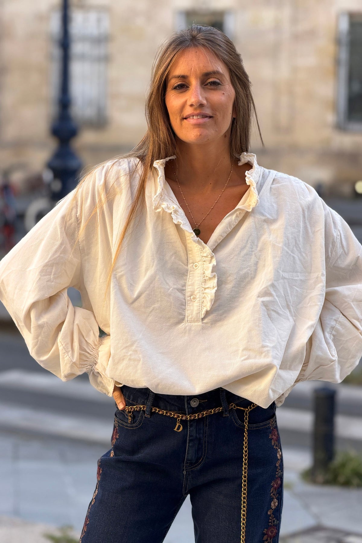 Cream Corduroy Ruffle Neck Peasant Blouse