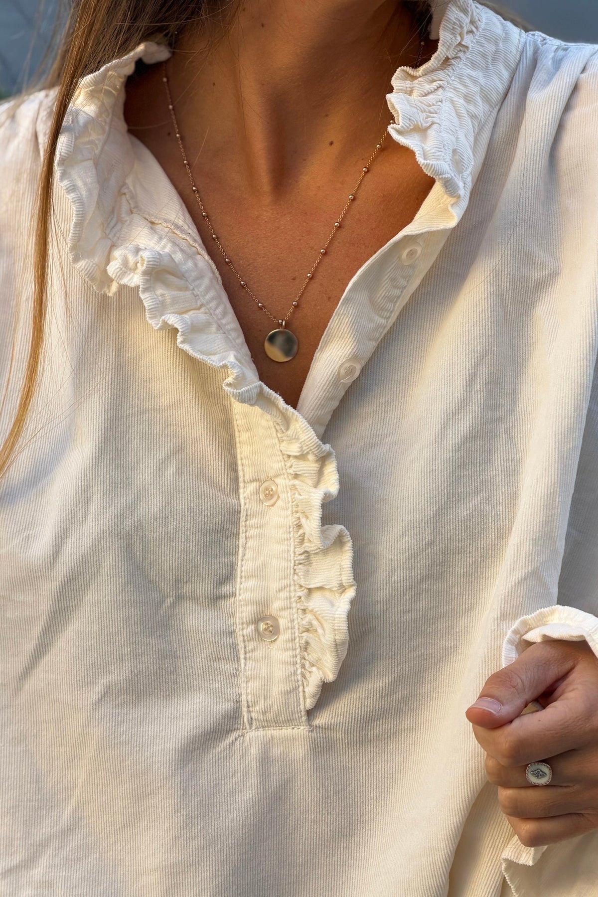 Cream Corduroy Ruffle Neck Peasant Blouse
