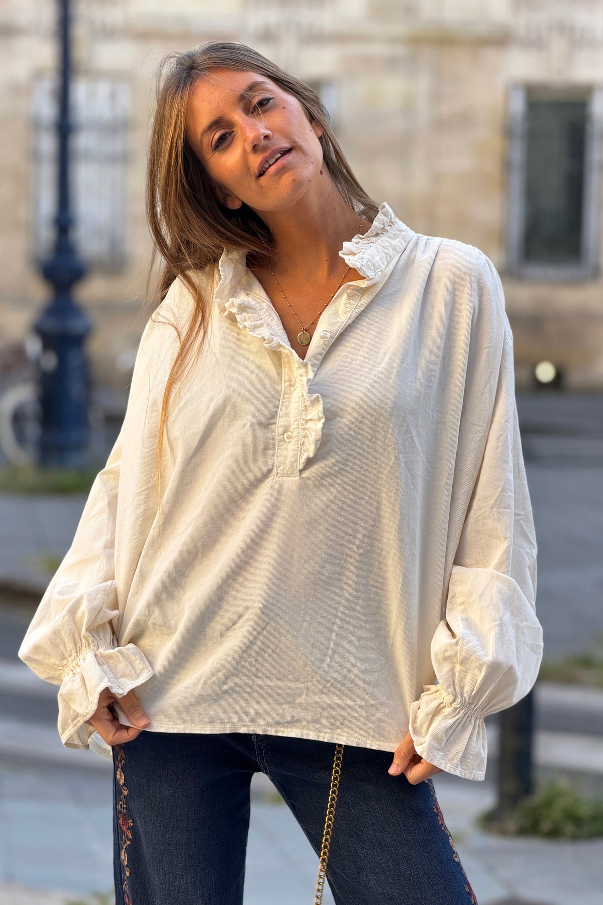 Cream Corduroy Ruffle Neck Peasant Blouse