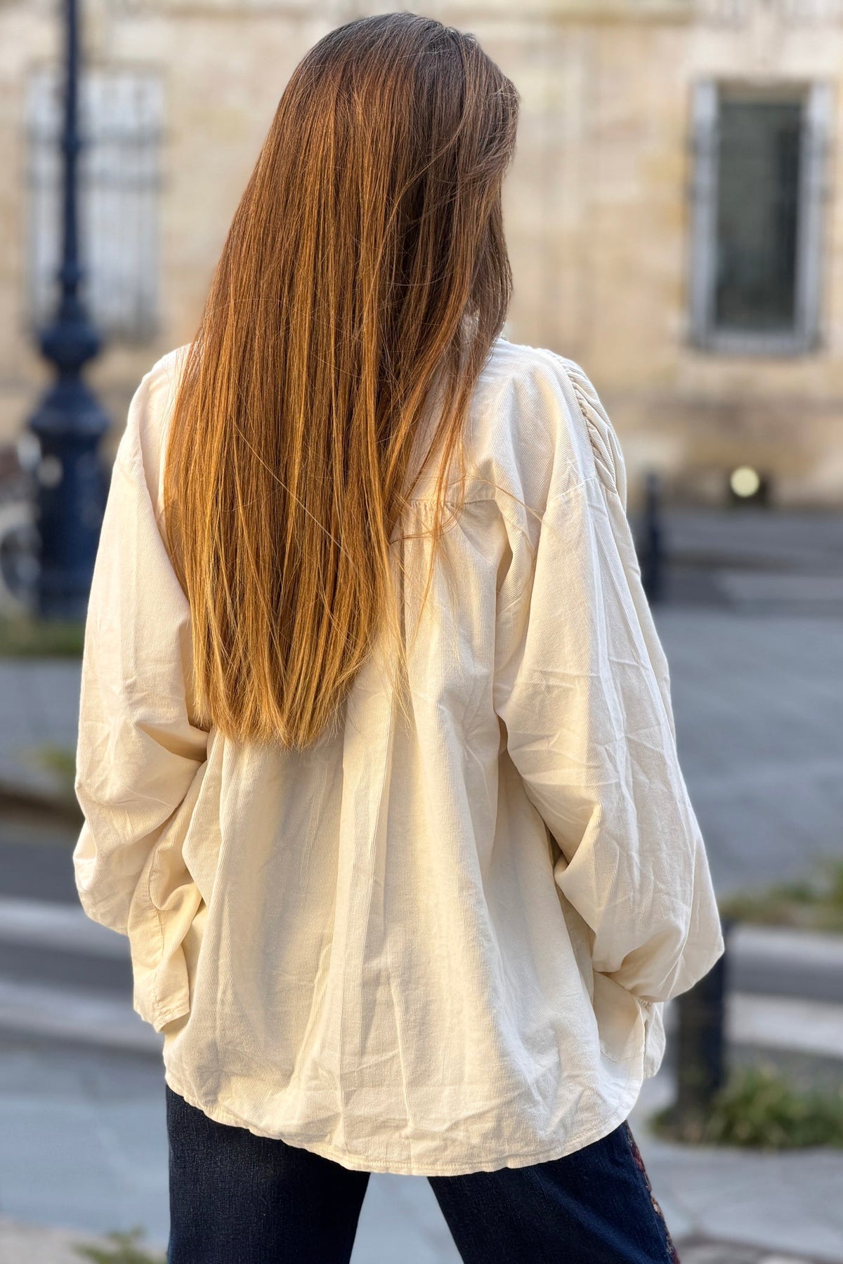 Cream Corduroy Ruffle Neck Peasant Blouse