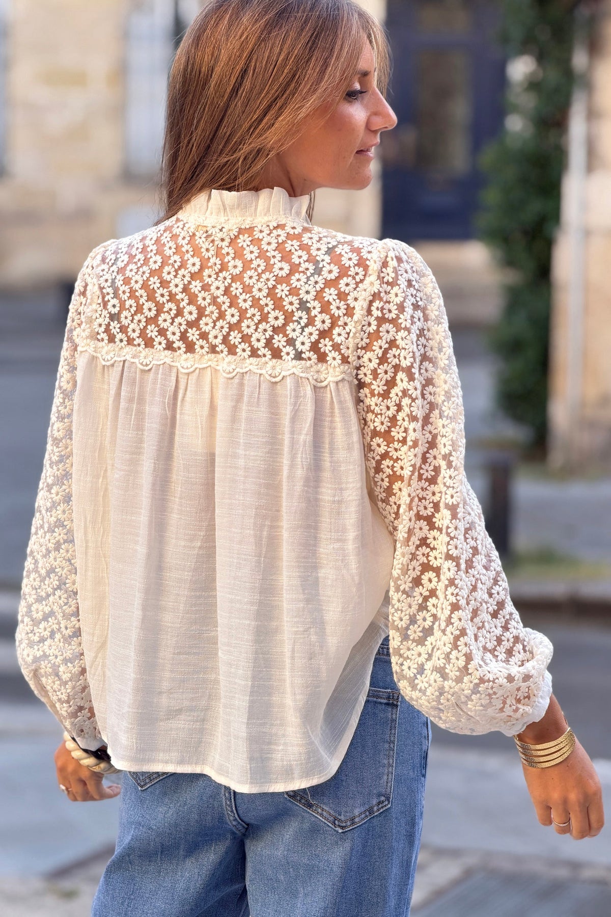 Cream Daisy Illusion Embroidered Gauze Blouse