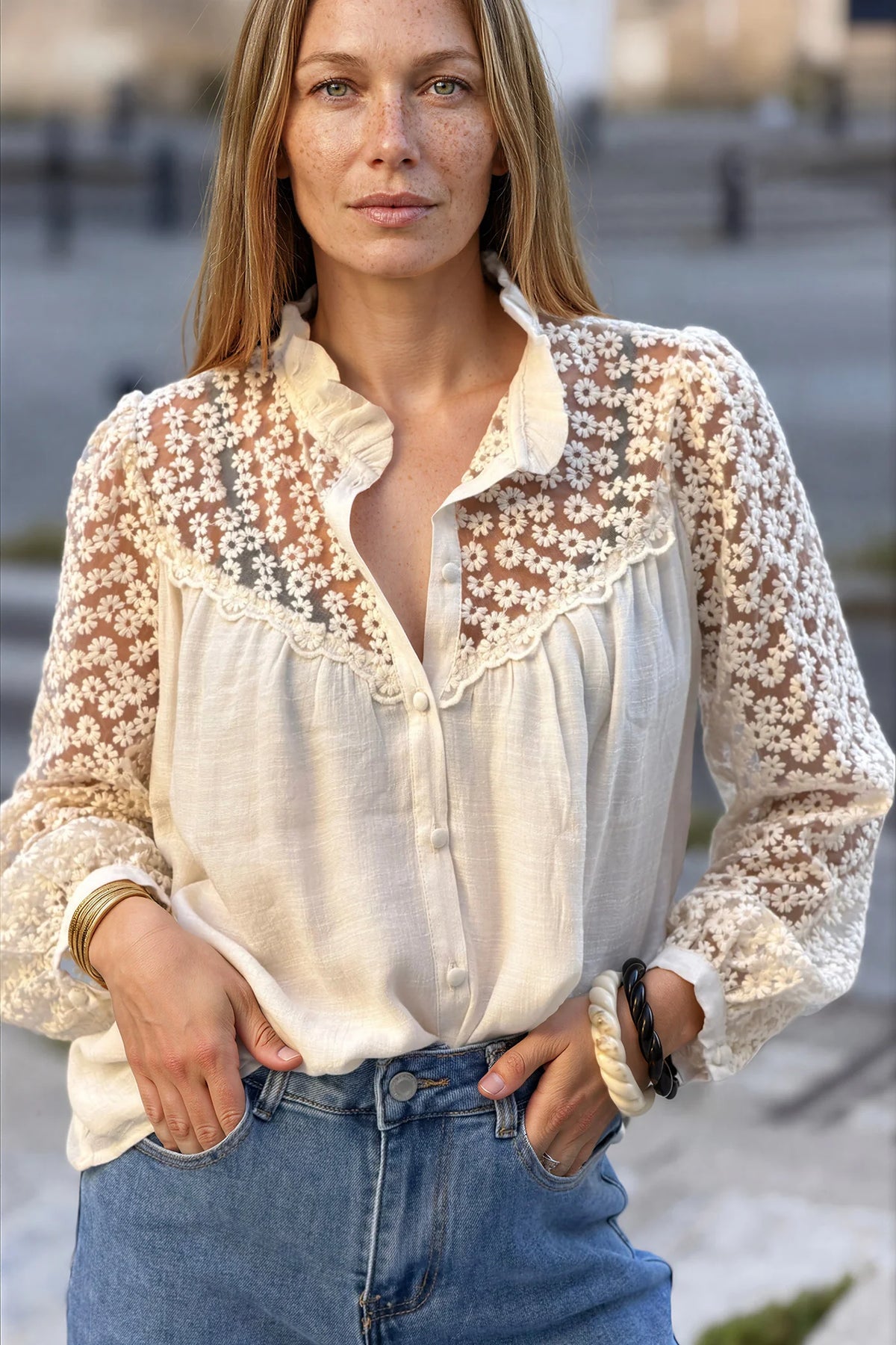 Cream Daisy Illusion Embroidered Gauze Blouse