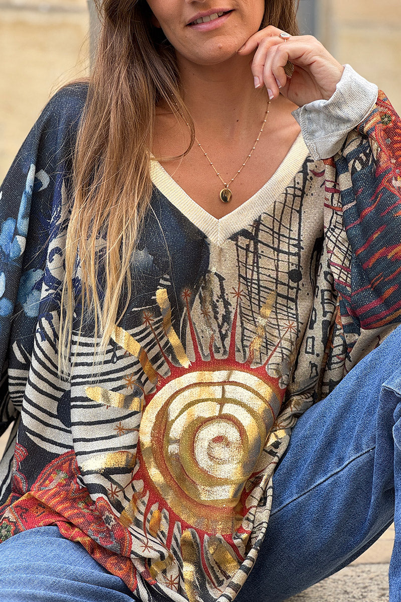 Cream Glitter Knit Golden Sun Mixed Media Top