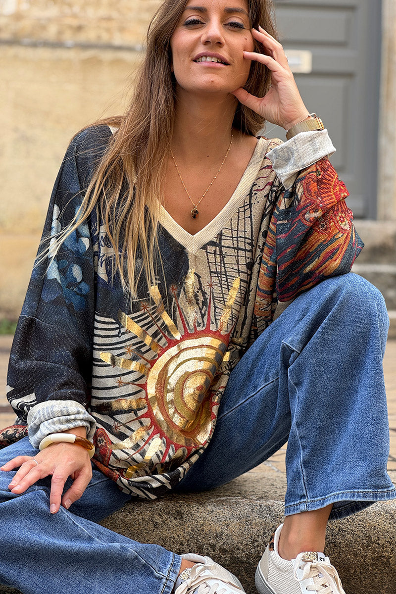 Cream Glitter Knit Golden Sun Mixed Media Top