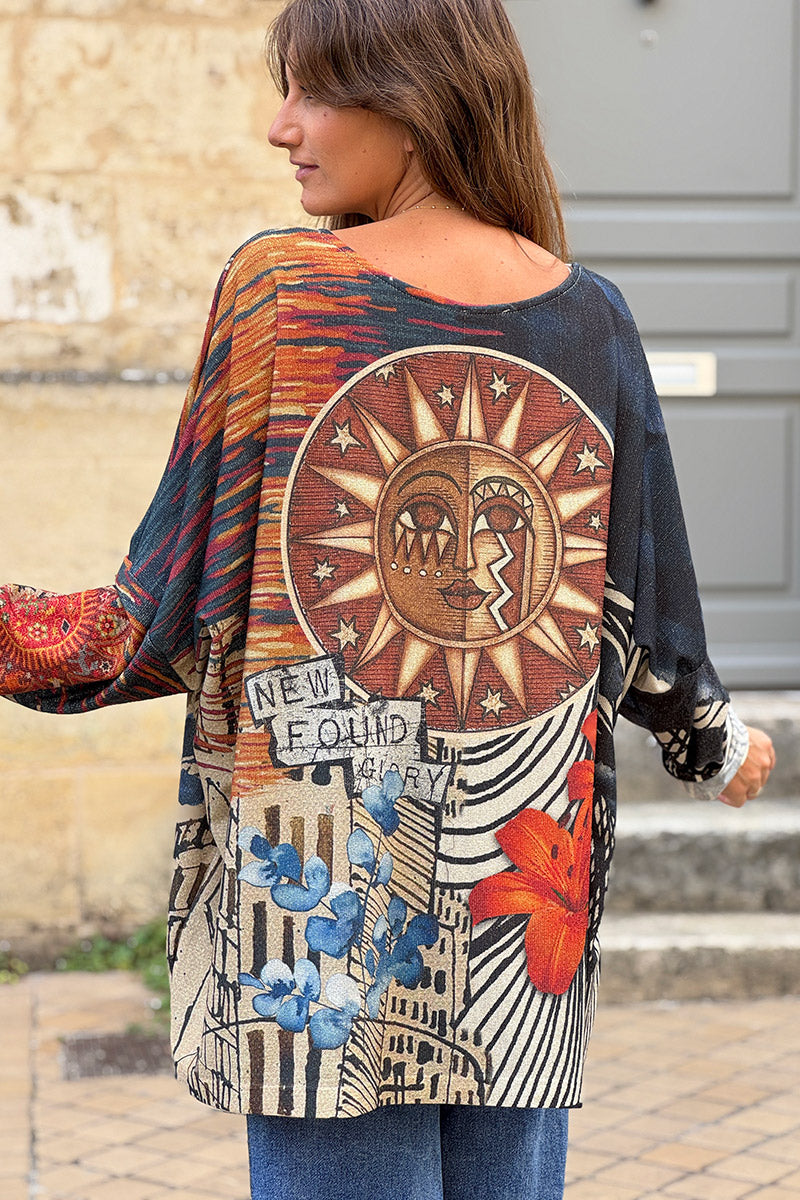 Cream Glitter Knit Golden Sun Mixed Media Top