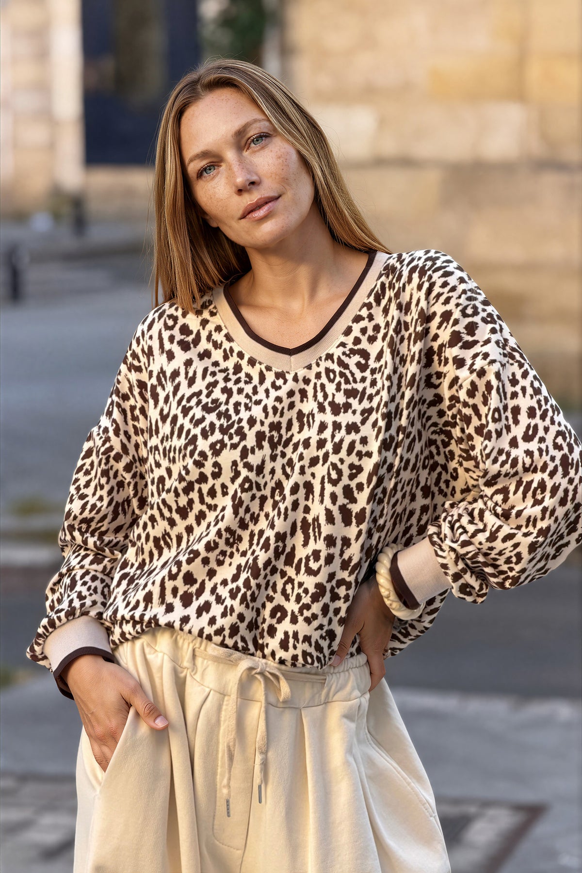 Cream and Brown Leopard Print Sweater