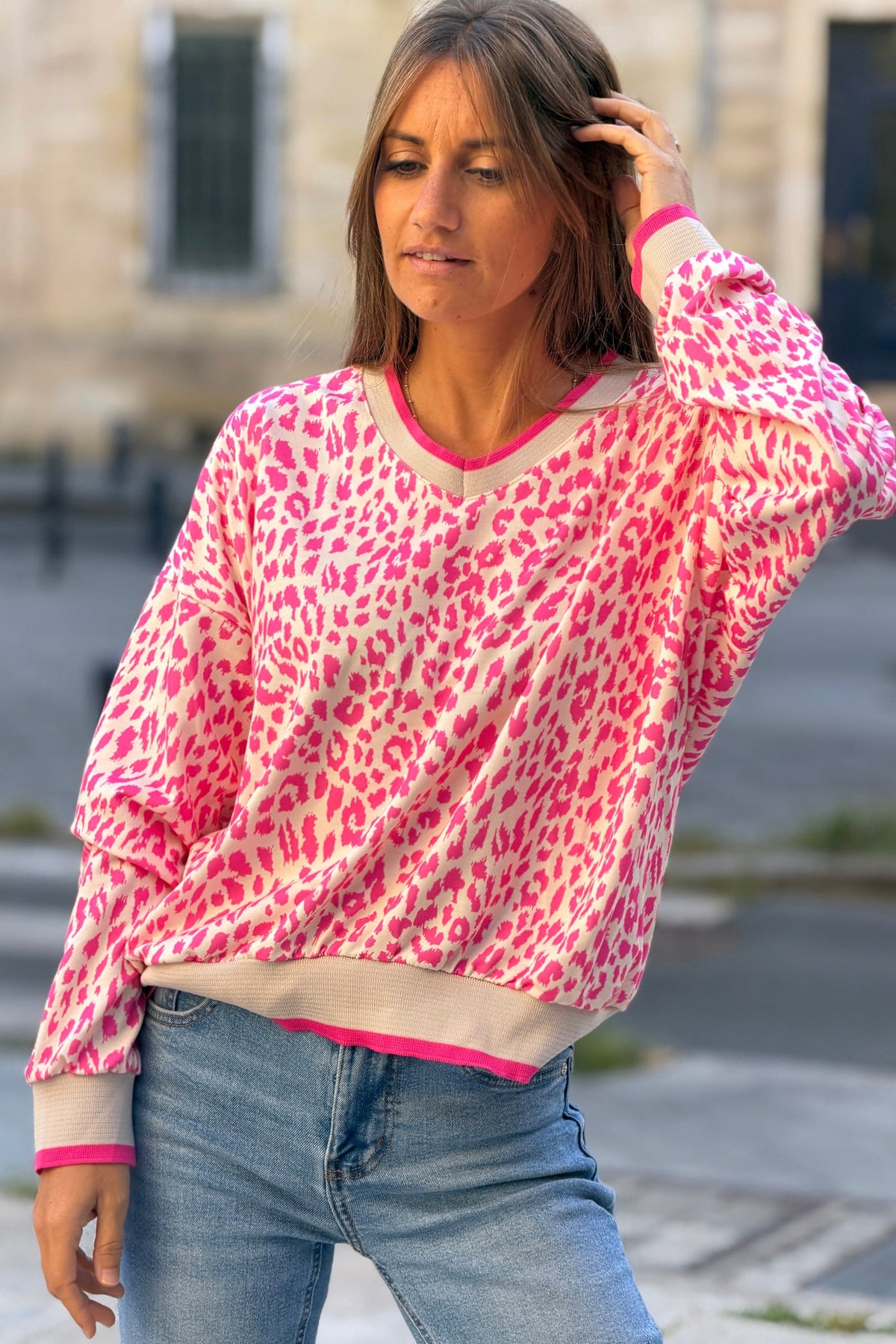 Cream and Pink Leopard Print Sweater