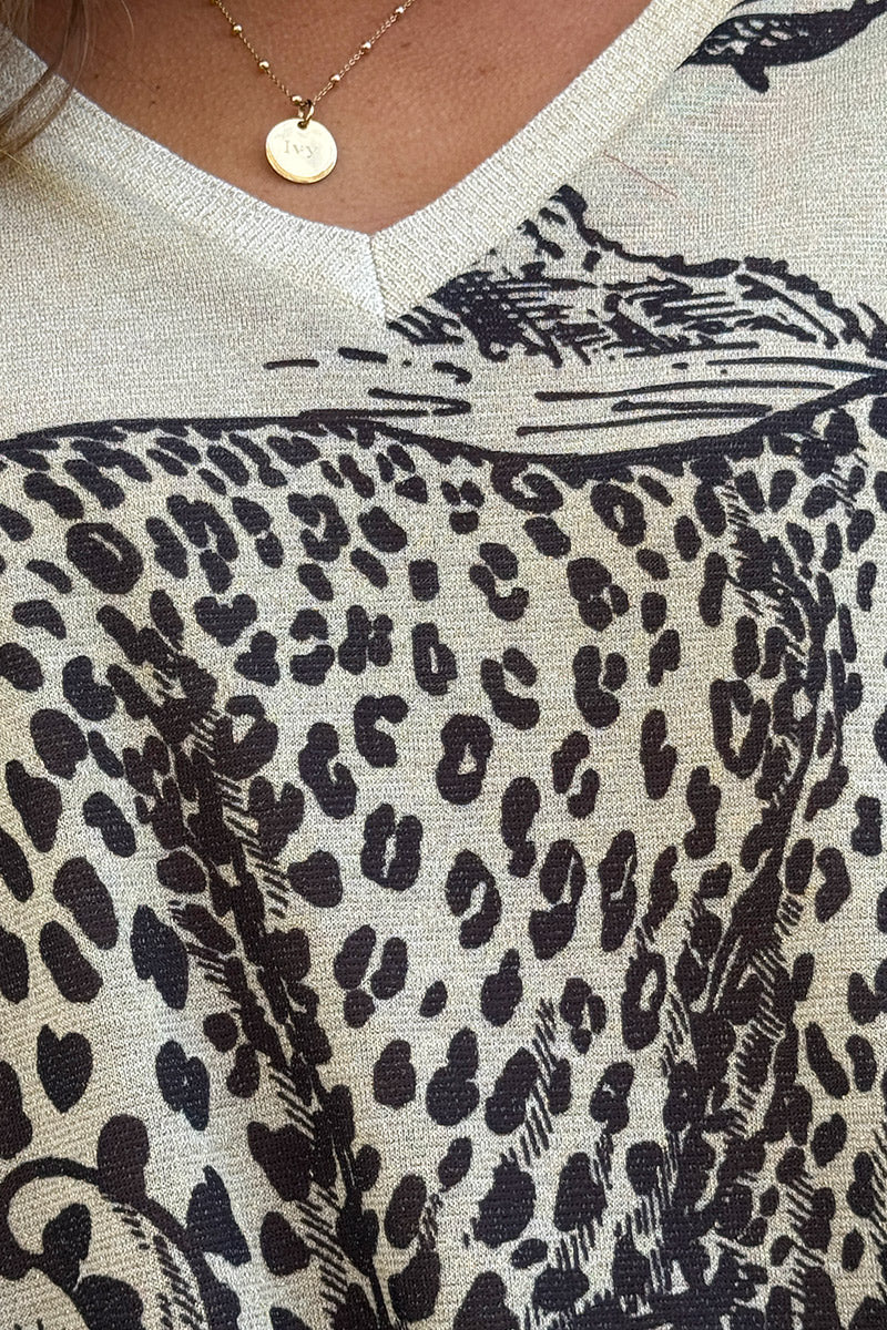 Cream sweater with Black Leopard Pastoral Print Long-Sleeve Knit Top