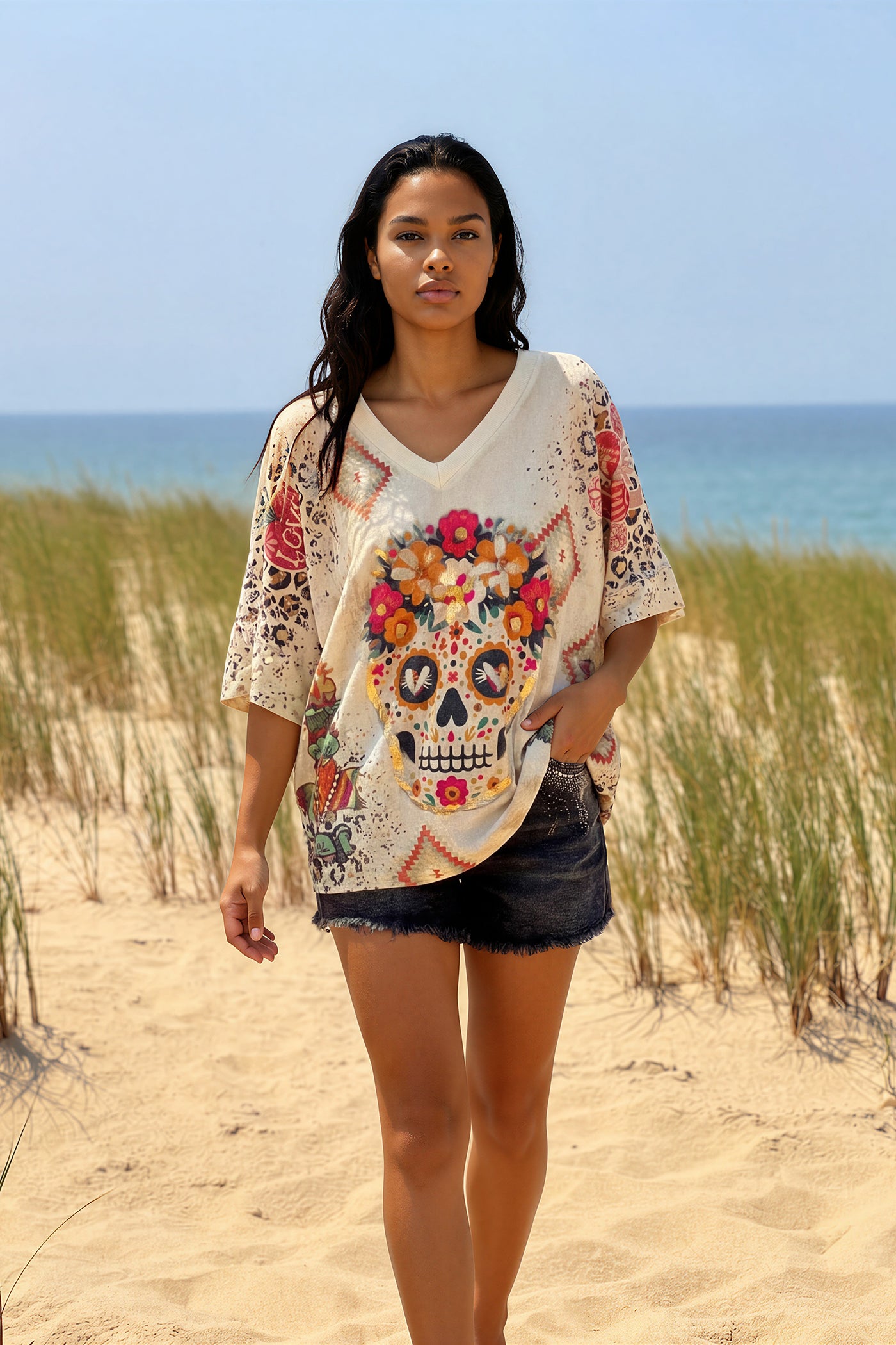Cream Southwest Skull Glitter Knit Top