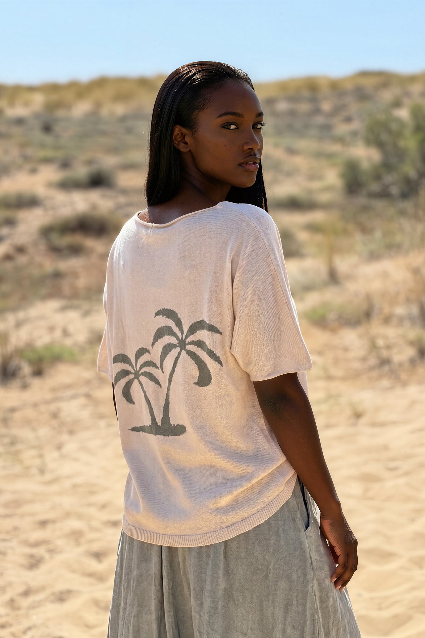 Cream V-Neck Palm Knit Blouse