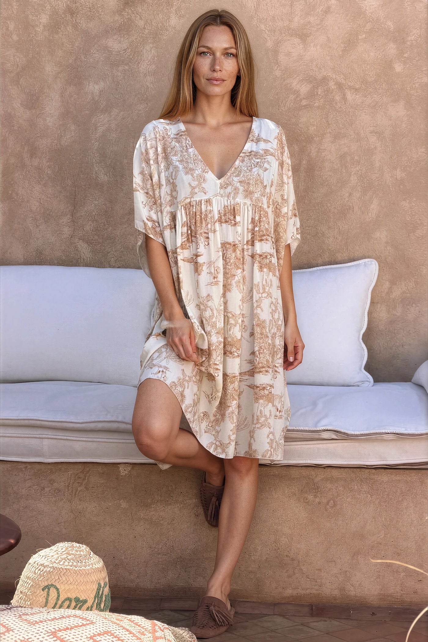 Cream and Beige Toile de Jouy Viscose Dress
